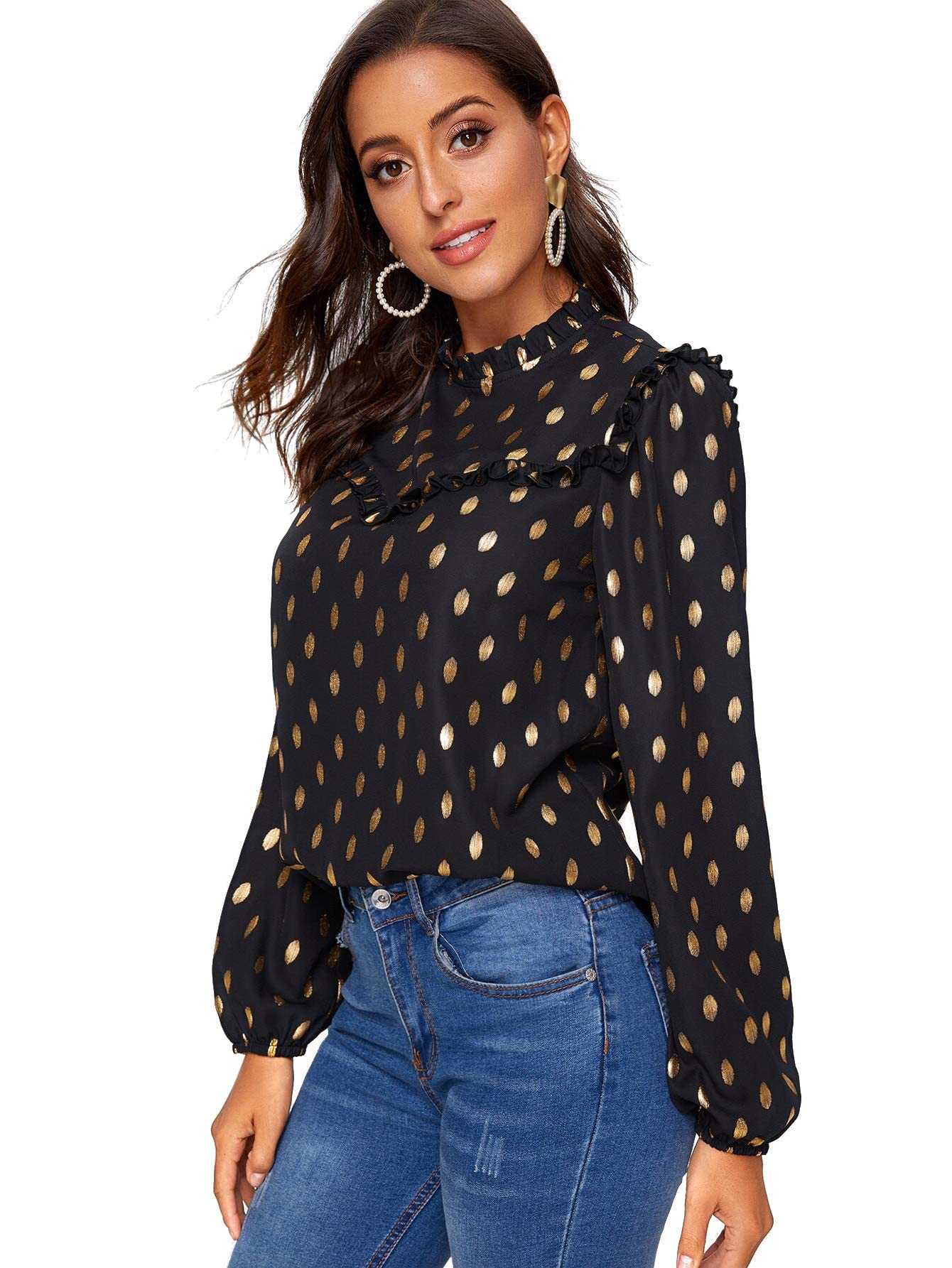 SOLY HUX Women's Frill Trim Stand Collar Long Sleeve Elegant Workwear Blouse Top Shirts