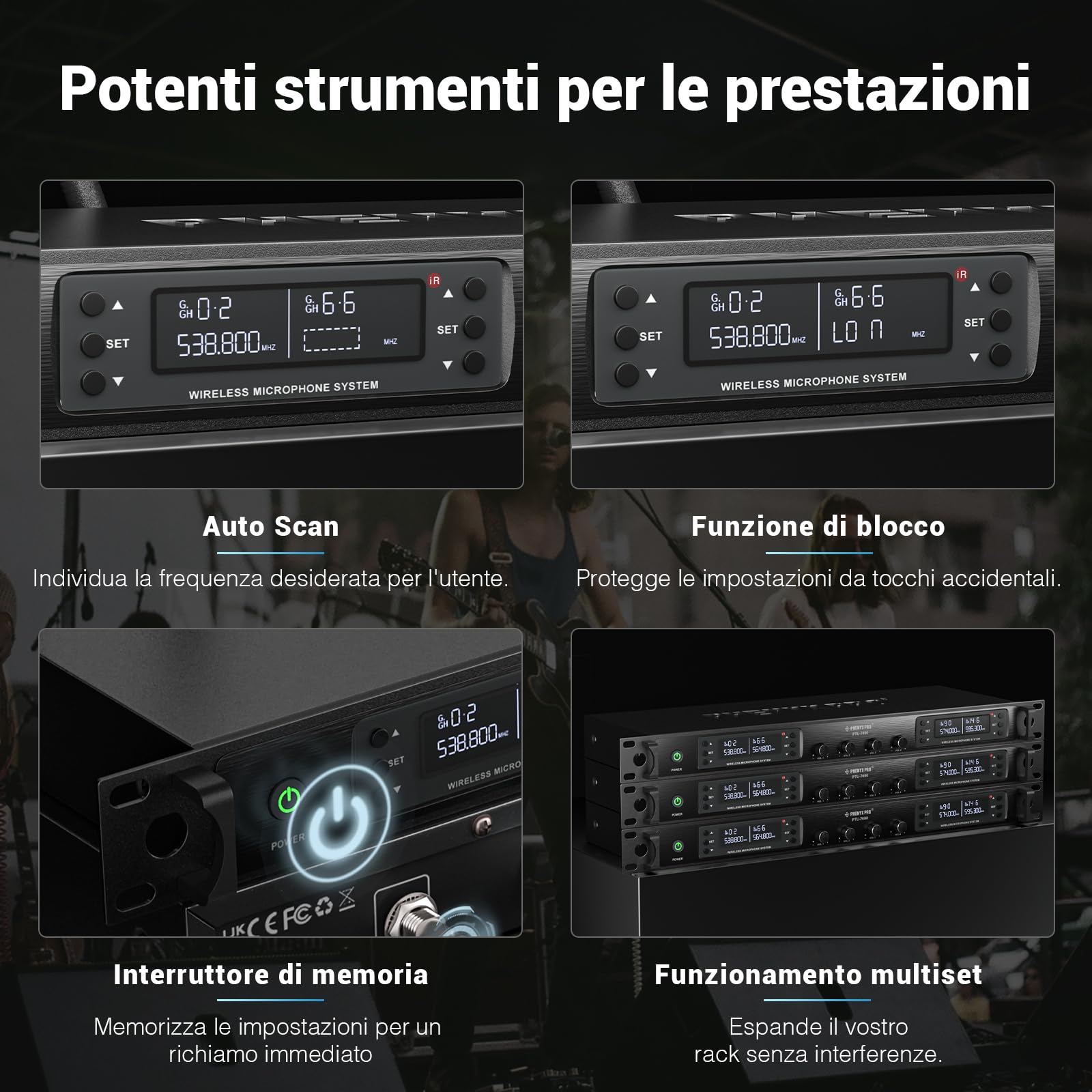 Sistema Microfono Wireless 4 Canali UHF | 4 Microfoni Palmari, Portata 100m | Per Karaoke, Chiesa, Eventi - Foto 3