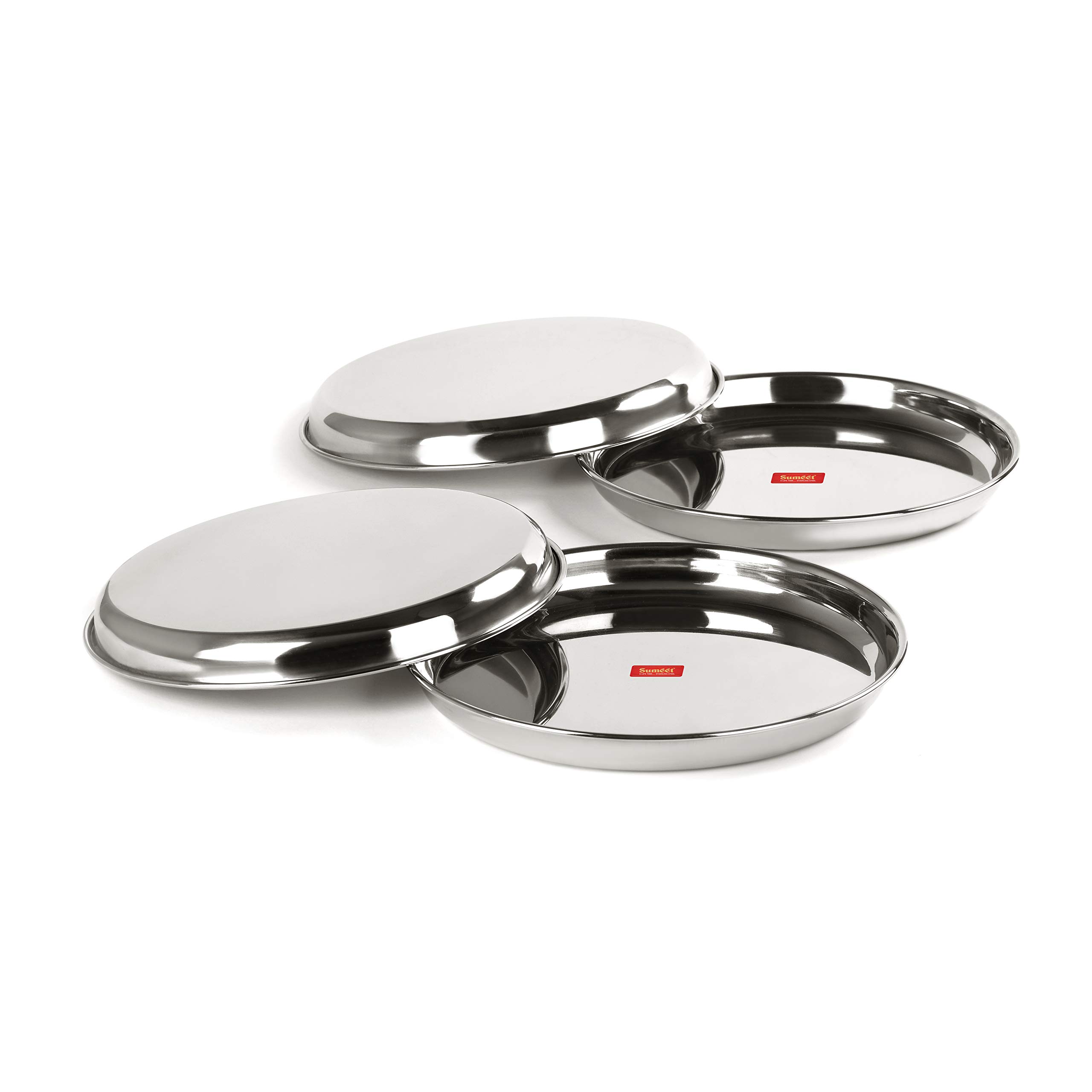 Sumeet Stainless Steel Heavy Gauge Deep Wall Dinner Plates with Mirror Finish 26.6cm Dia - Set of 4pc 3