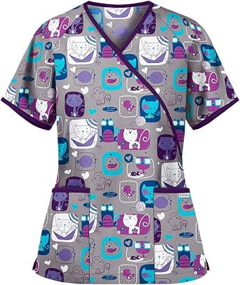NBXNZWF Womens Under Scrub Tops Animal Printed Scrubs Stretch Dog Cat Pattern Uniforms Cute Pattern Nursing Workwear
