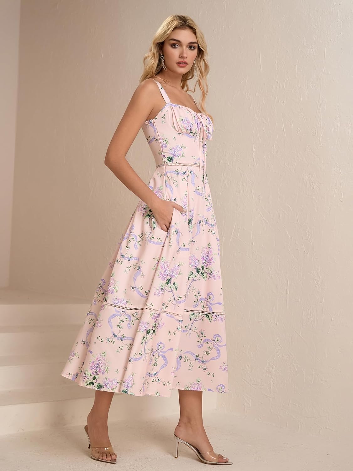 KUTUMAI Floral Corset Midi Dress Lace Up Cutout Flowy Summer Wedding Guest Dresses for Women Sundress with Pockets - Image 3