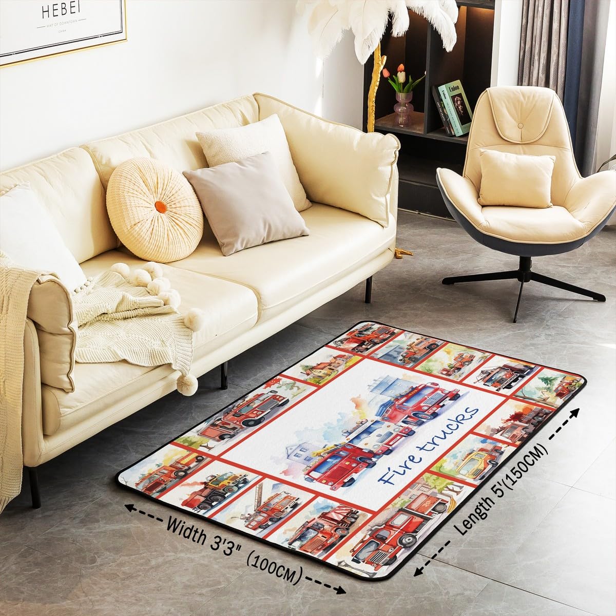 Homemissing Cartoon Voitures Tapis d'extérieur Pompiers Feu Camion Antidérapant Tapis de Salon 150x200cm Pompiers Voitures Moderne Tapis Exterieur Aquarelle Tapis Chambre pour Salon Cuisine Et Balcon