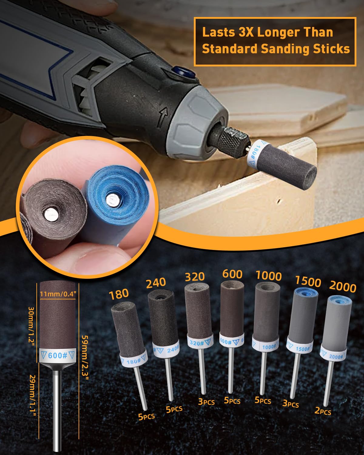 FOTYBEI 28Pcs Sanding Drums Sandpaper Sticks Set for Dremel Rotary Tool Accessories 180/240/320/600/1000/1500/2000 Grits Sanding Bits Kit with 1/8" Shank for Wood Metal Jade Polishing Grinding - Image 2