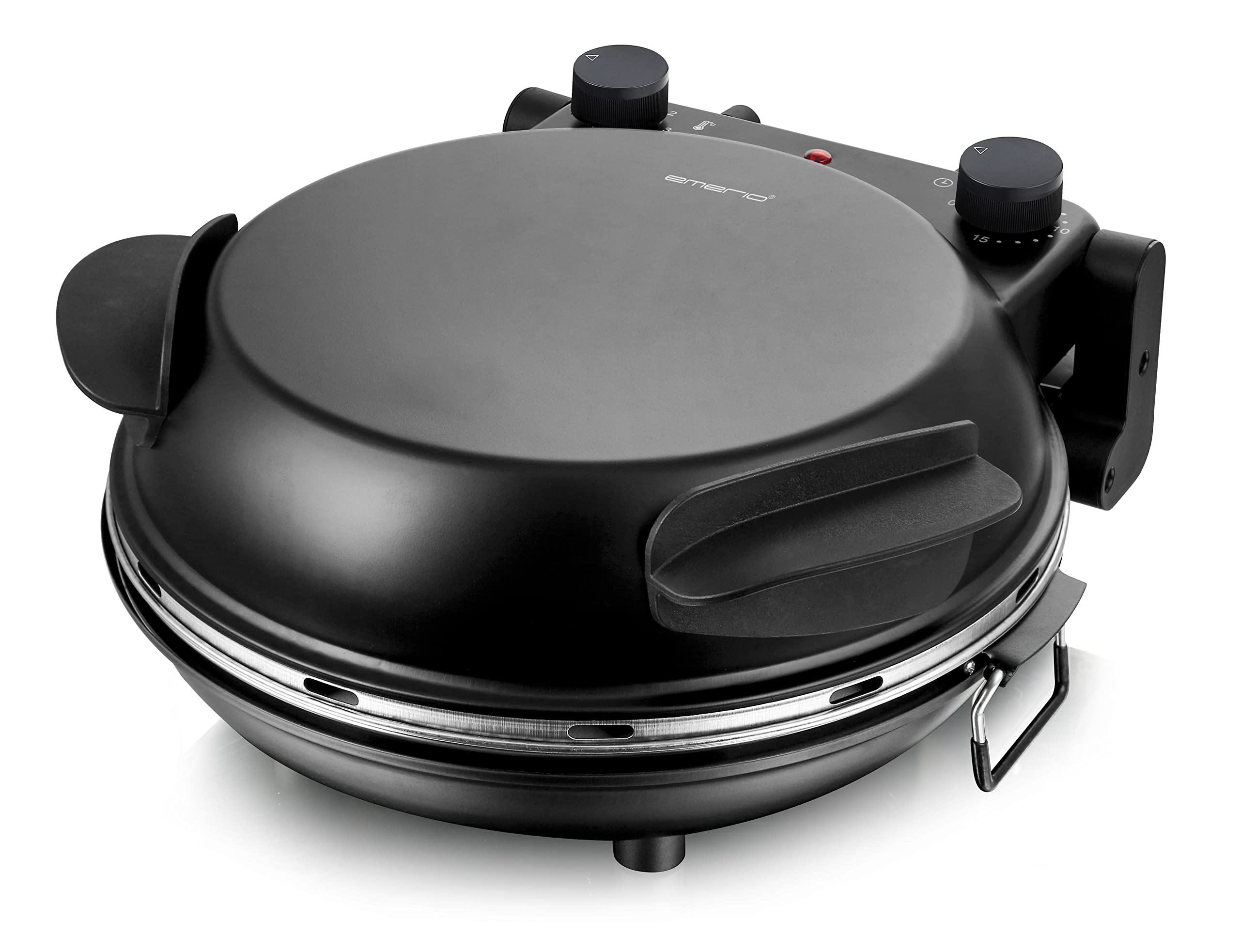Emerio Pizzaofen, Platte aus feuerfestem Stein, backt Pizza in kurzer Zeit (auch für TK Pizza), 31.5 cm Durchmesser, 1200 Watt, Timer, BPA frei, Pizzaheber aus Edelstahl, PM-129032.2, Schwarz