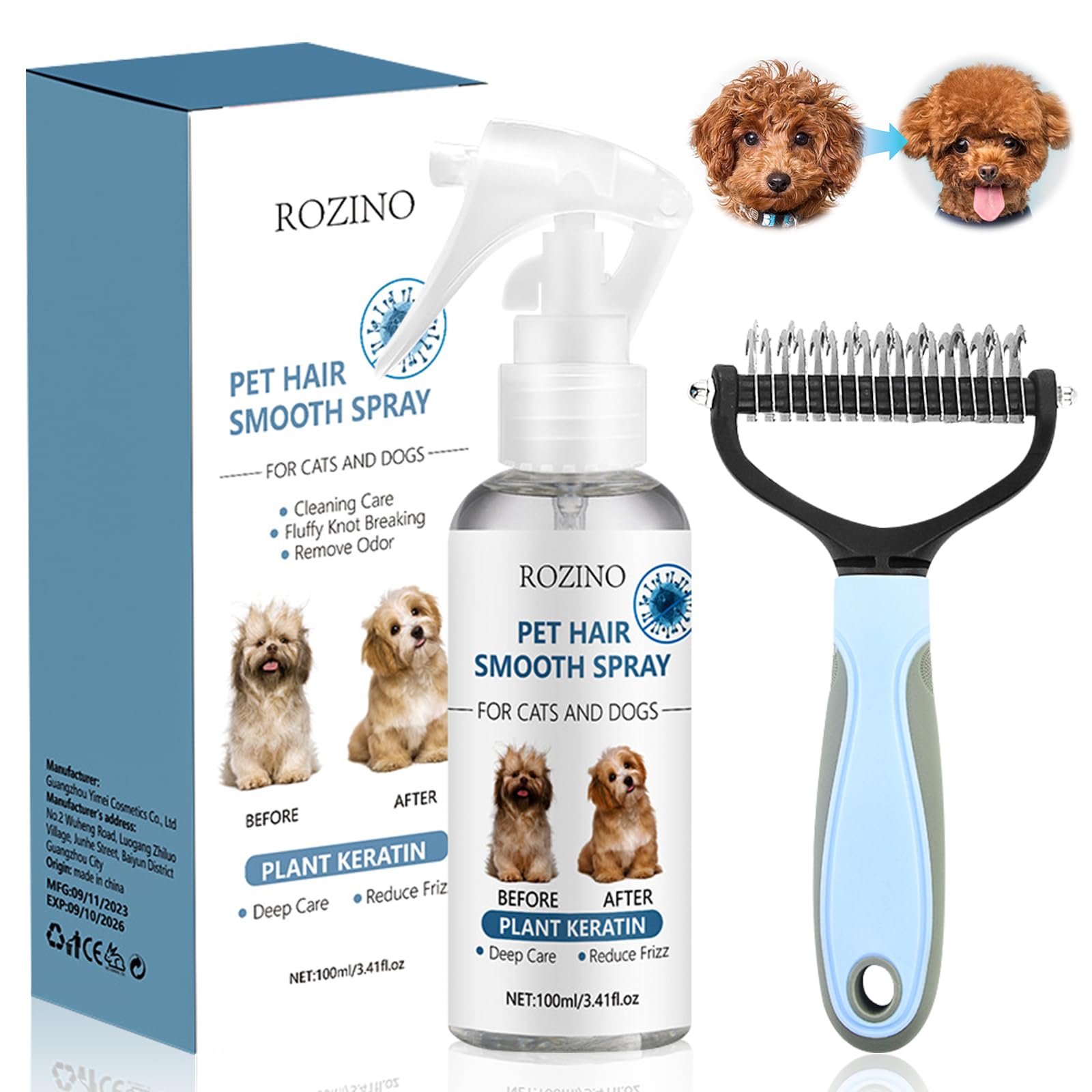 Cepillo para perros y gatos para pelo largo + espray de desenredar para perros y gatos, para el cuidado del pelo, elimina enredos, desodoriza y elimina olores, hace que