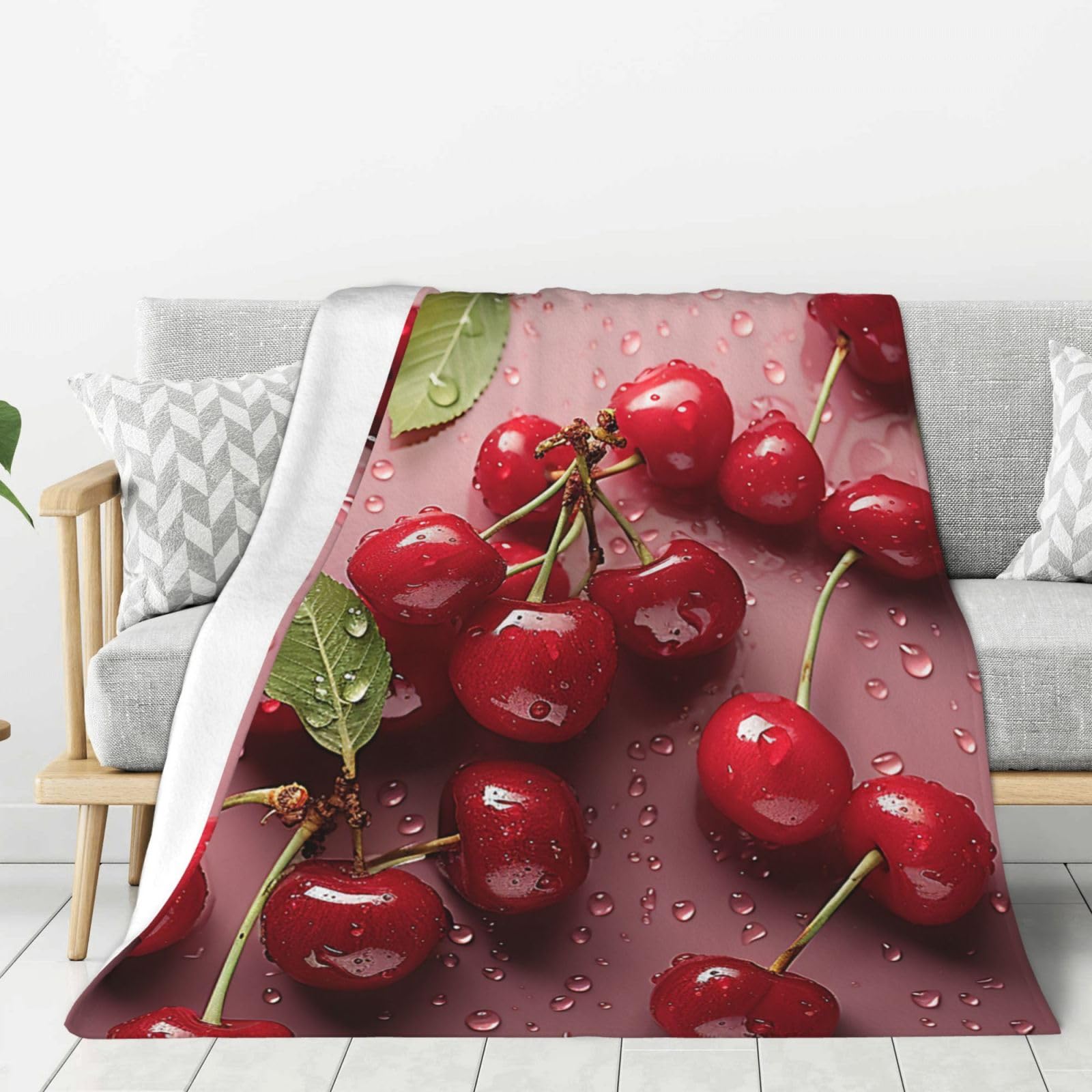 Lovely Sweet Red Cherry Throw Blanket Plush Flannel Fleece Blanket, Soft Lightweight Cozy Blankets 50"X40" for Bed Couch Sofa Travel