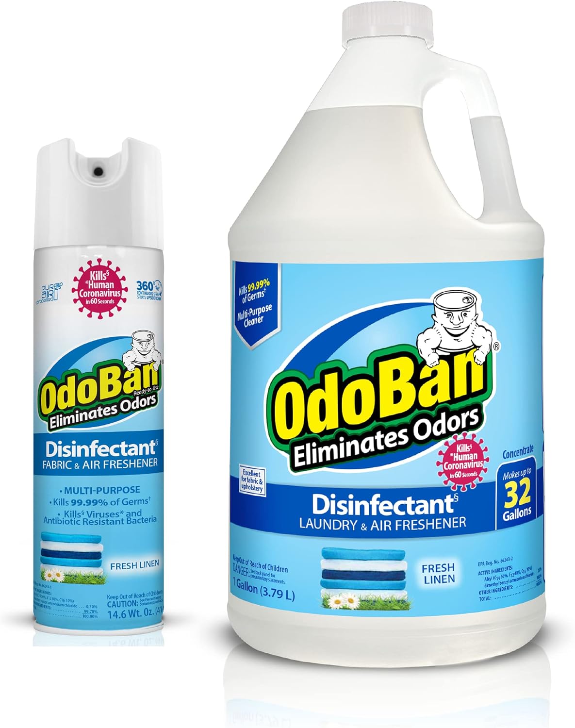OdoBan Ready-to-Use Disinfectant and Harsh Aroma Eliminator, Set of 2, 14.6 Ounce 360-Degree Continuous Spray Fabric/Air Freshener and 1 Gallon Multi-Purpose Cleaning Concentrate, Fresh Linen Scent