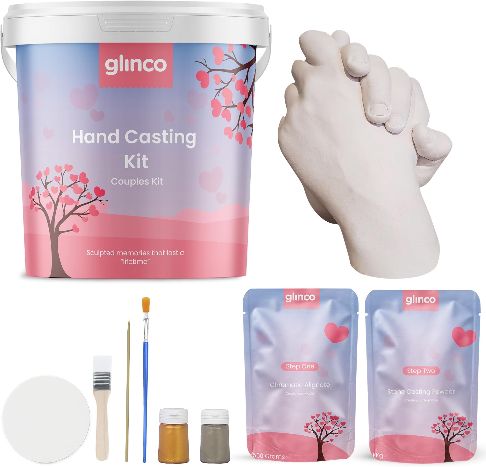 3D Hand Casting Kit for Adults, Hand Keepsake Kit with Alginate, Moulding Powder, Mixing Bucket and Paint for Couple Hand Casting Glinco