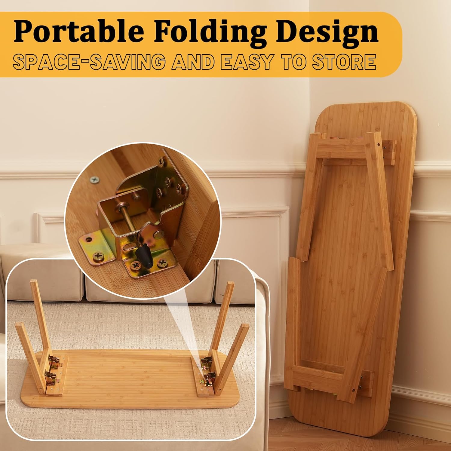 Coffee Table Foldable Mid Century Desk TV Stand with Open Storage Shelf Center Table for Living Room Furniture RV No Assembly, Natural (39.37IN)