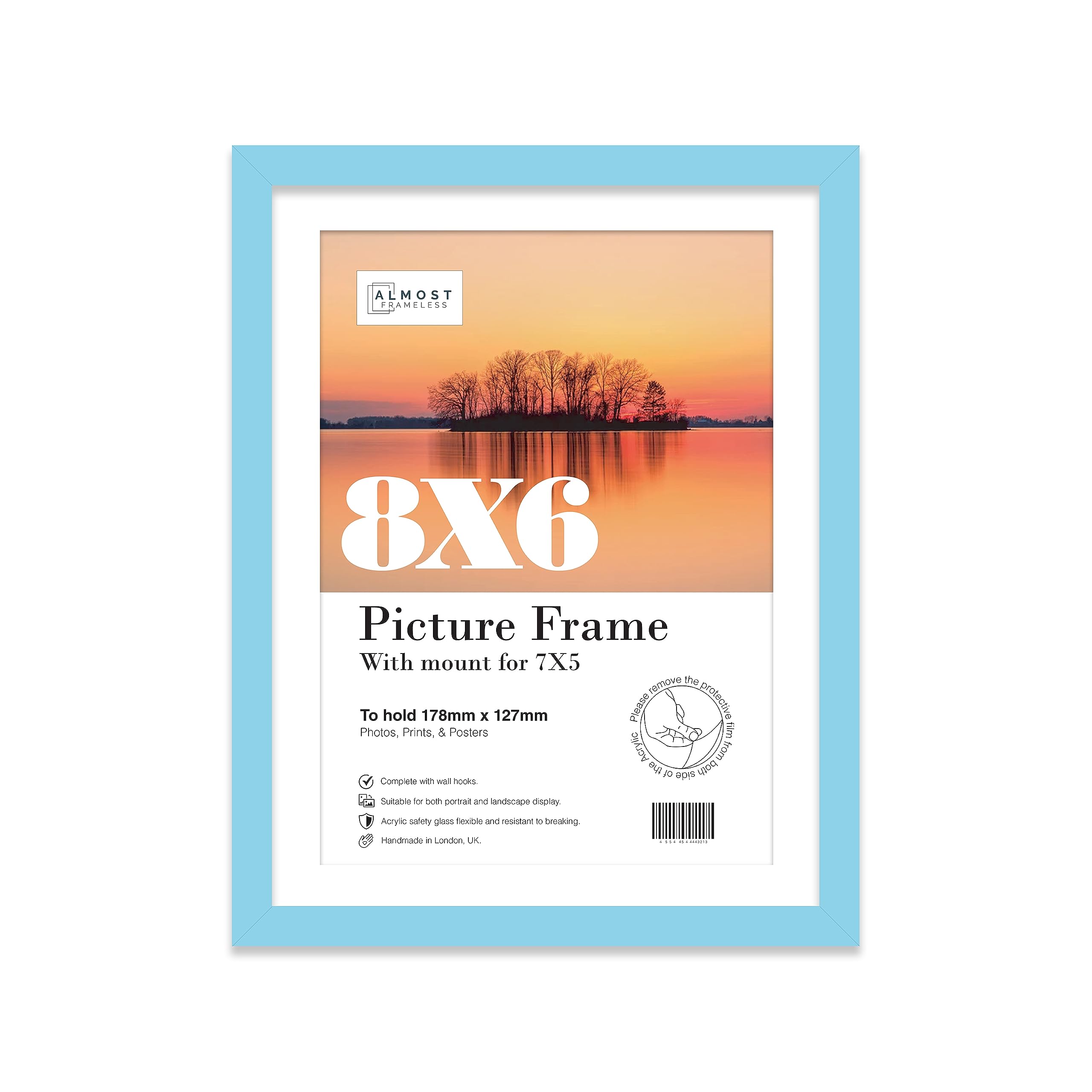 Almost Frameless 8x6 Light Blue Picture Frame With Mount for 7x5 Print, Poster or Photo Poster, Photo, Artwork, or Print. Thin Edge Slim Frame Portrait and Landscape Display with Wall Hooks — image 1