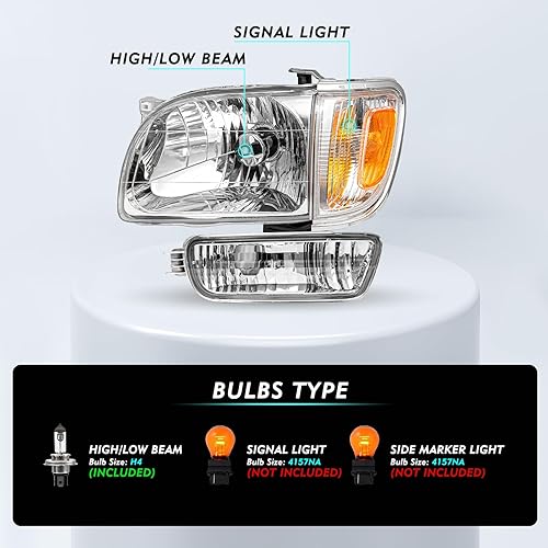 Miniatura 9 de TUSDAR Juego de montaje de faros delanteros para Toyota Tacoma 01-04 con luz de parachoques para lado del conductor y del pasajero (carcasa cromada