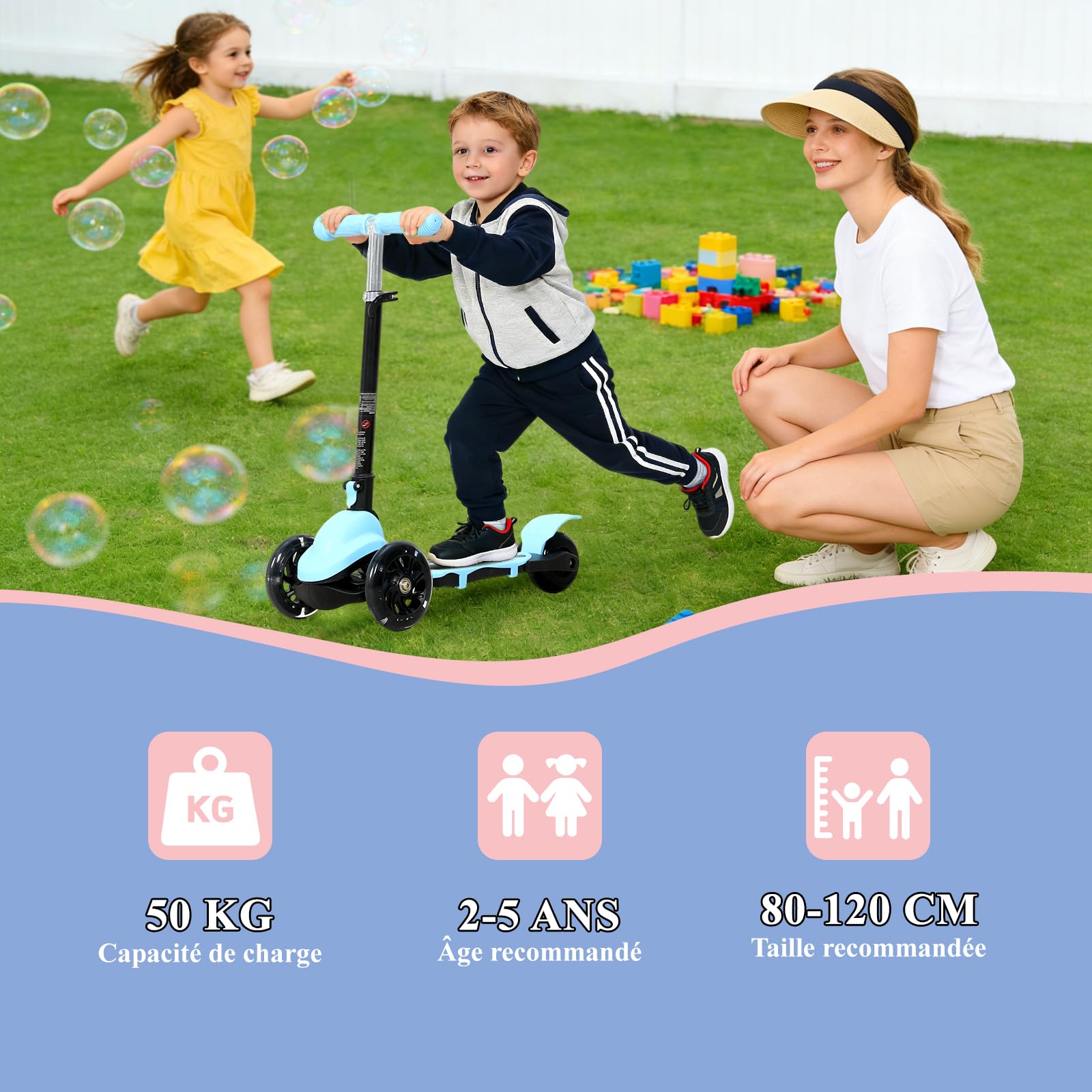 Trottinette Enfant Pliable Classique 3 Roues Antidérapant, Trotinette Enfant 2-5 Ans Guidon Réglable en Hauteur 3 Niveaux(57-72CM), Trottinette Adolescent Roue Lumineuse LED, Enfant 80~120 CM
