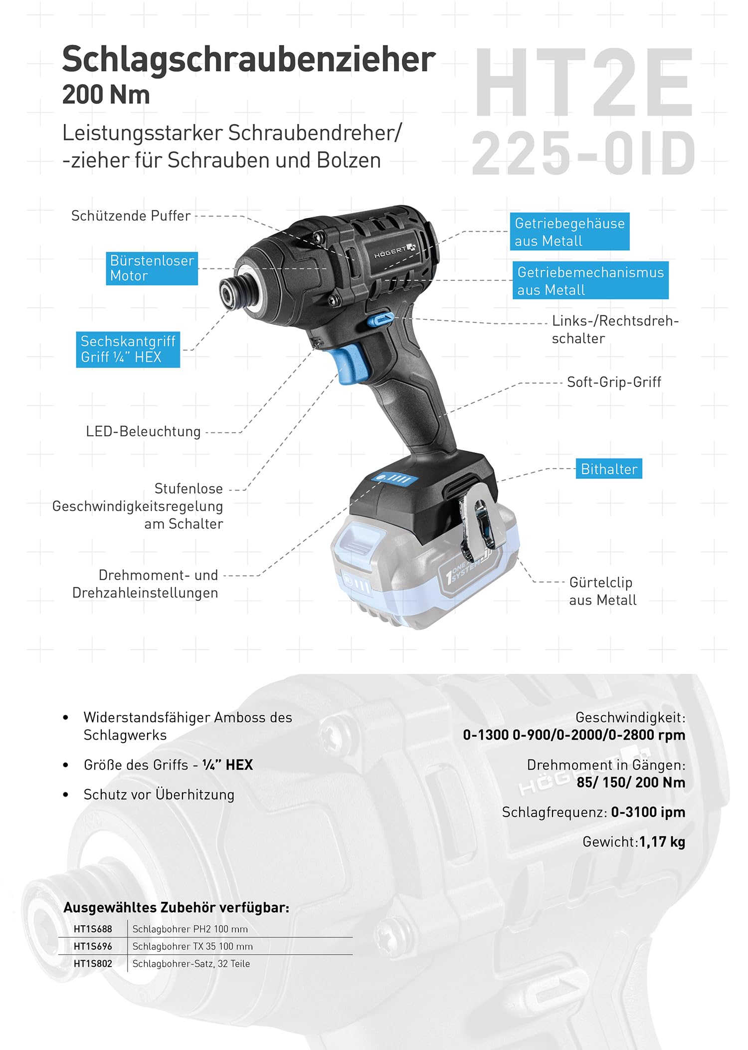 HÖGERT TECHNIK Set de taladro percutor a batería 18V, 200 Nm y 100 Nm, 2 atornilladores de impacto sin escobillas, 2 baterías, cargador 4A, iluminación LED, engranaje metálico, para madera y metal