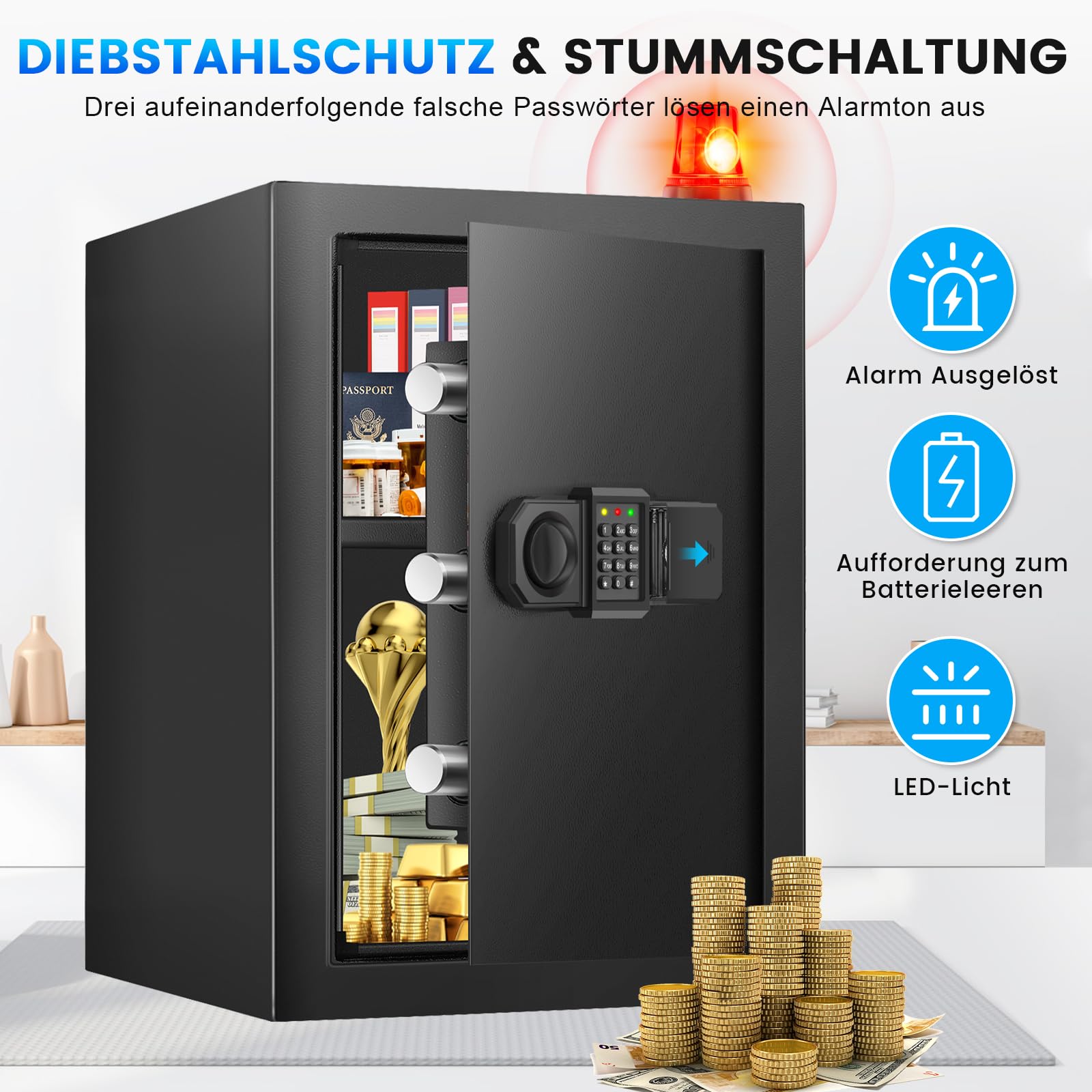 50L Groß Safe Tresor Feuerfest für Zuhause, Digitaler Tresore mit Schlüssel, Sensor-Licht und Abnehmbares Regal, Anti-Diebstahl Safe Tresore für Geld, Dokument, Medizin