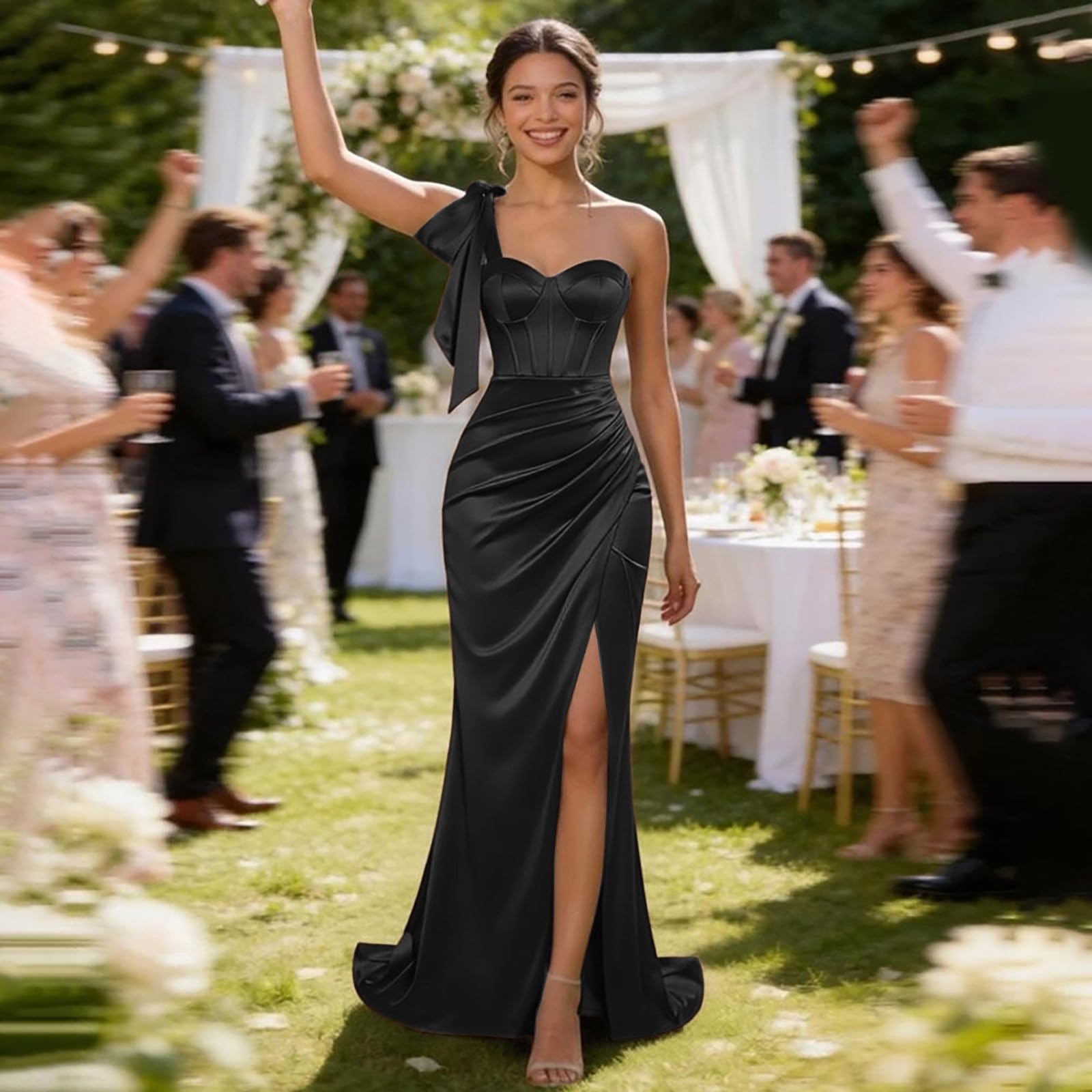 Générique Robe de Femme Longue Sirène en Satin Une Épaule avec Nœud - Élégante Sexy avec Corset Intégré et Fente Latérale pour Mariage Gala Bal
