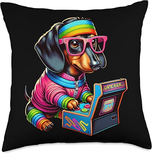 Gamer Retro 80s Arcade Dachshund Dog Video Game Throw Pillow