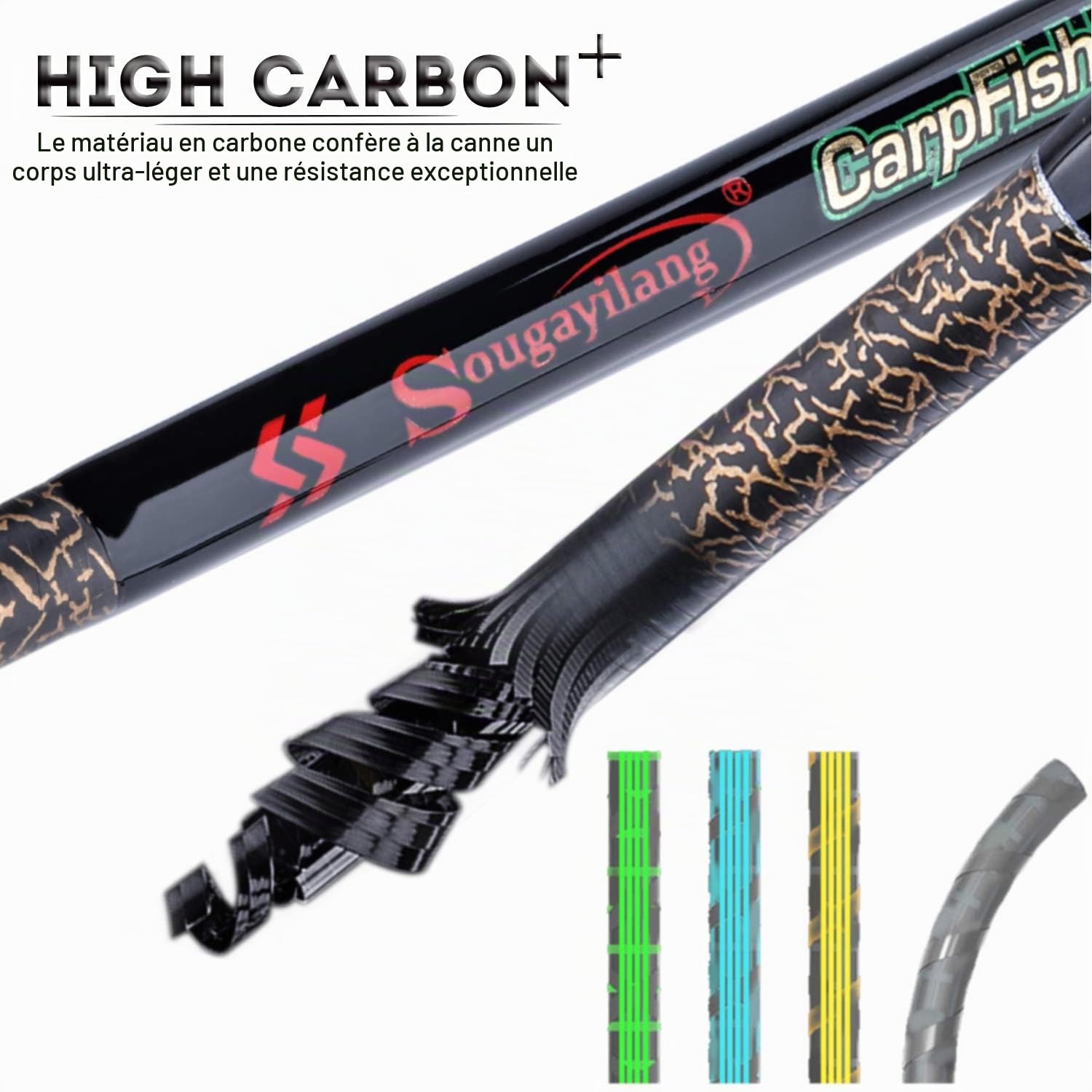 Sougayilang Canne à pêche à la Carpe, Canne à pêche en Fibre de Carbone Super Dure, 4/5 Sections, Canne à pêche Portable avec poignée Eva Confortable pour Eau salée ou Eau Douce