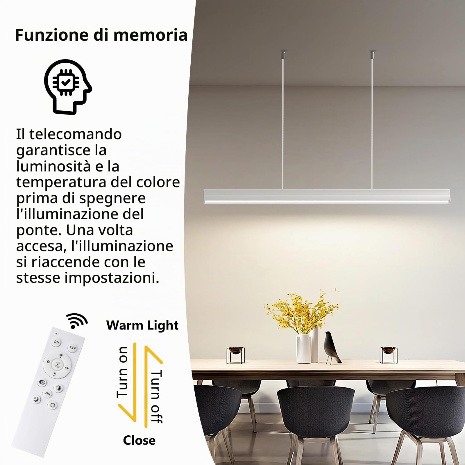 OOWOLF Lampada a Sospensione LED con Telecomando, Dimmerabile 3000K-6000K, 120 cm Funzione Memoria, Altezza Regolabile – Ideale per Tavolo da Pranzo, Ufficio e Soggiorno