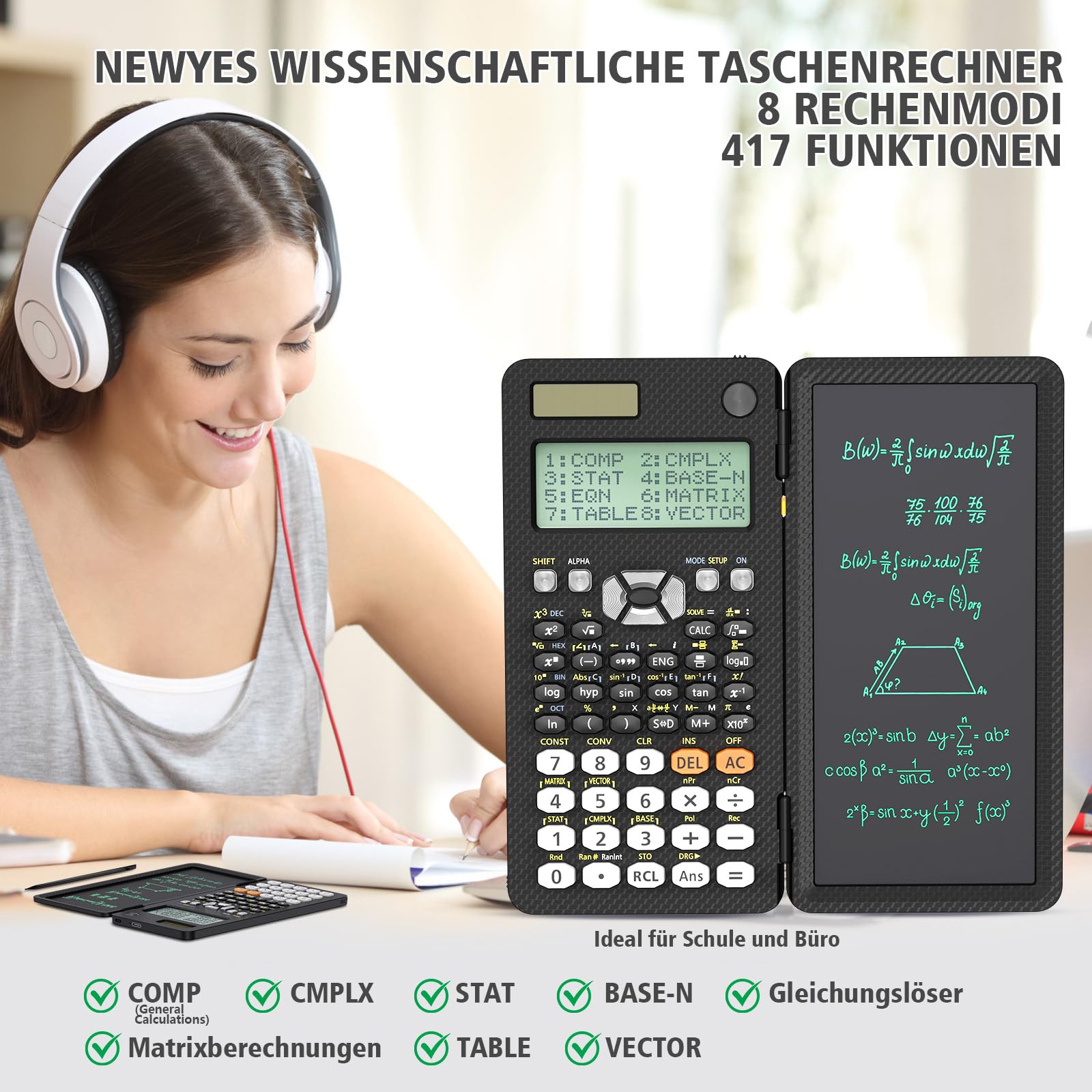 Wissenschaftlicher Taschenrechner 991ES Schwarz mit Notizblock Schreibtablett Faltbar