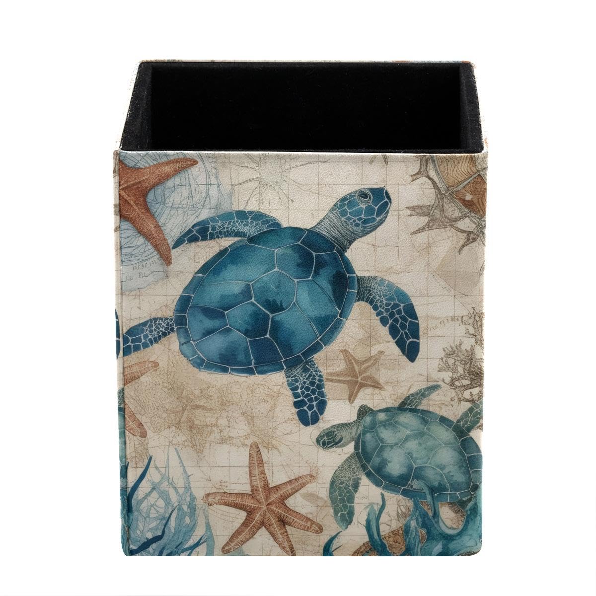 HEOEH Sea Turtles Nautical Pen Holder Pen Pot, Square Pencil Cup for Desk