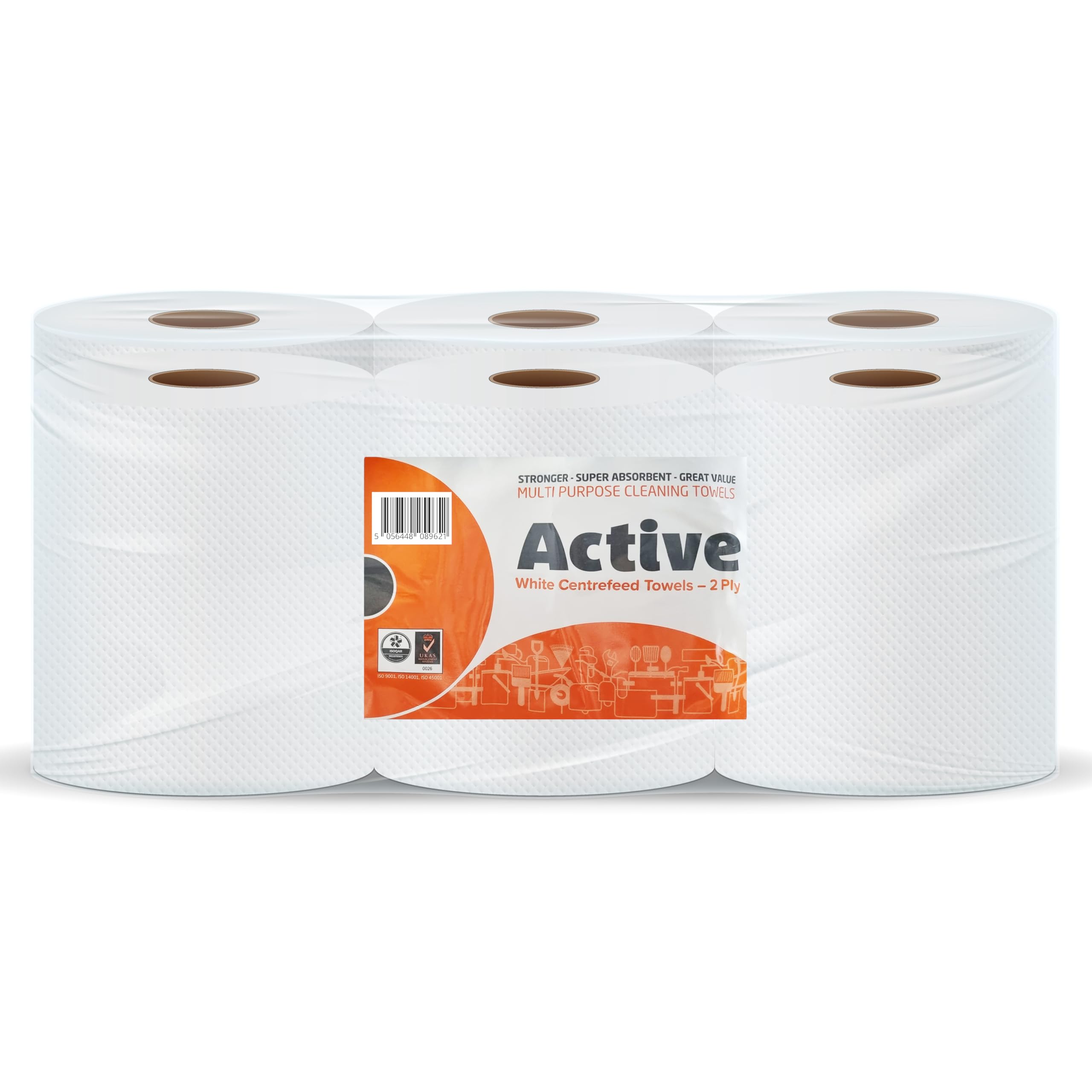 Active White Centrefeed Rolls – 6 Pack | 2-Ply Laminated & Embossed Strong Paper Towels | 300 Sheets per Roll (166mm Width) | Dispenser Friendly, Super Absorbent Cleaning & Hand Drying Tissue