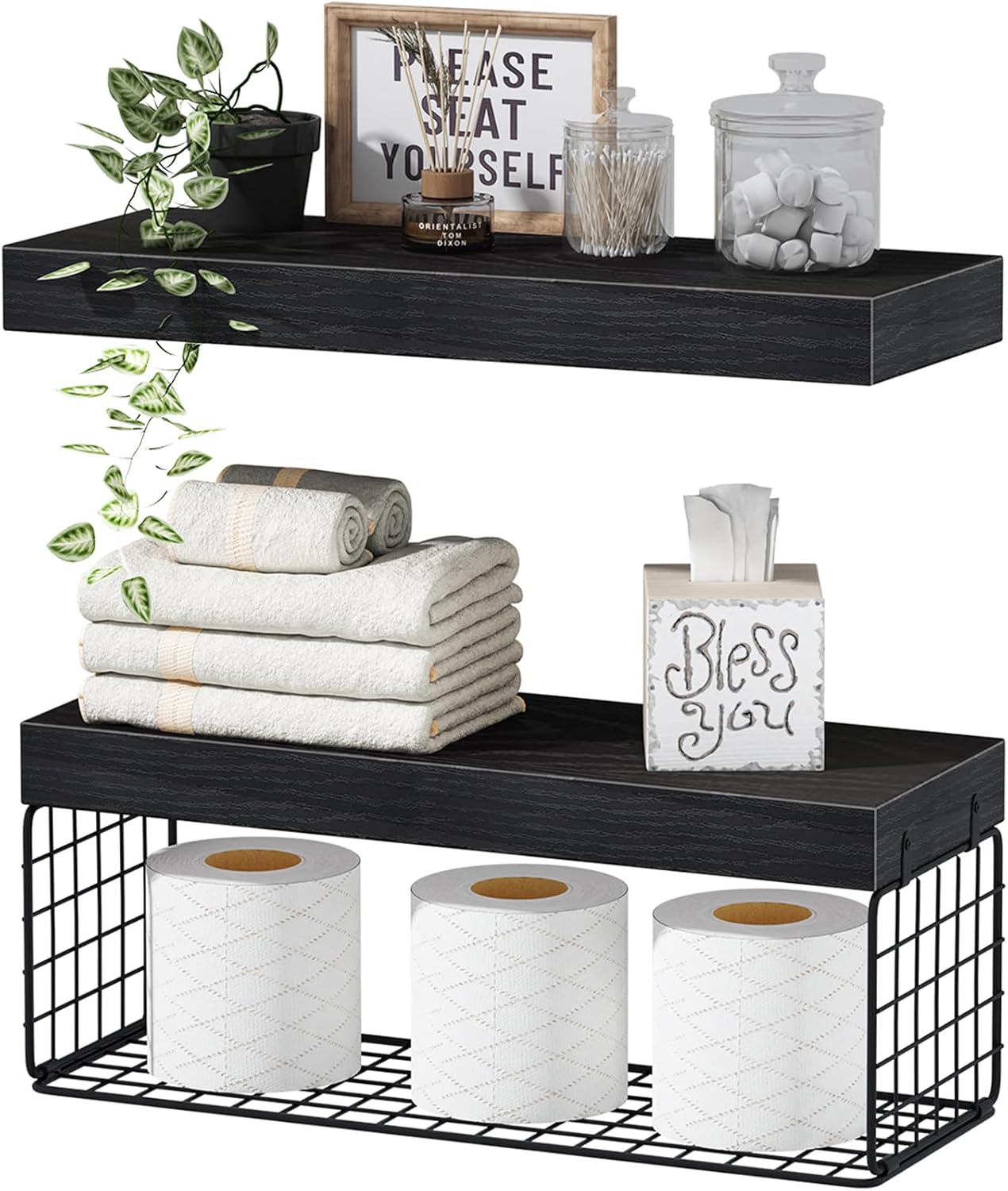 QEEIG Bathroom Shelves Over Toilet - Wall Mounted Floating Shelves Toilet Paper Storage Small Farmhouse Decor Shelf 16 inch Set of 2, Black (019-B2) 2pcs C. Black
