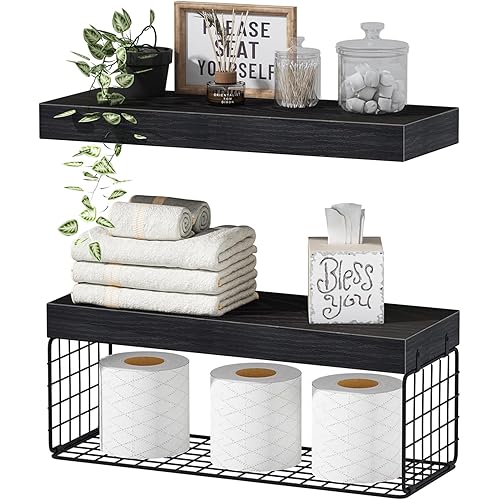 QEEIG Bathroom Shelves Over Toilet - Wall Mounted Floating Shelves Toilet Paper Storage Small Farmhouse Decor Shelf 16 inch Set of 2, Black (019-B2)
