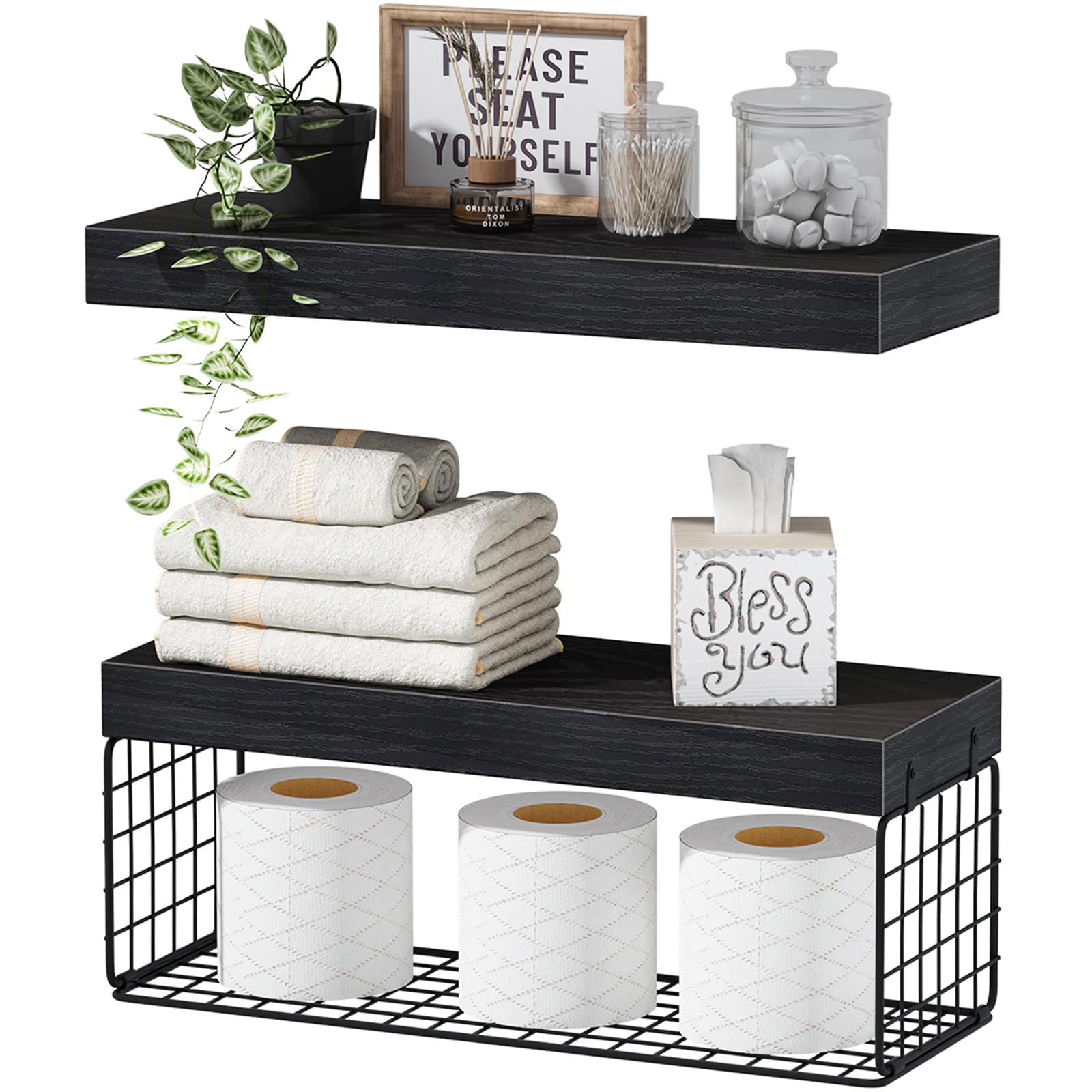 QEEIG Bathroom Shelves Over Toilet - Wall Mounted Floating Shelves Toilet Paper Storage Small Farmhouse Decor Shelf 16 inch Set of 2, Black (019-B2)