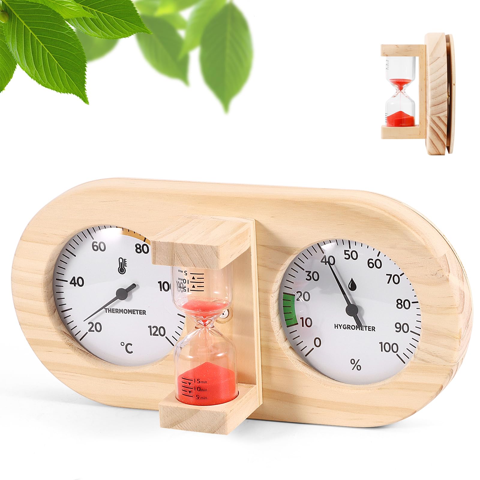 Sauna Thermometer Hygrometer 2-in-1, Wood Sauna Thermo-Hygrometer, High Accuracy Sauna Accessories Measuring Temperature and Humidity for Steam Room Sauna Room, Red Hourglass