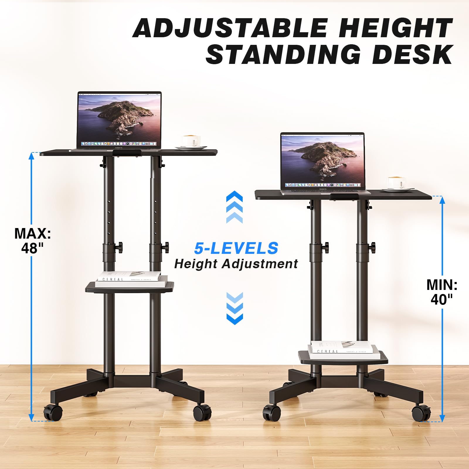 5Rcom Bureau Informatique Mobile à Hauteur Réglable, Bureau Debout à roulettes, Plateau Inclinable de 40° pour Ordinateur Portable, Poste de Travail Supportant Jusqu'à 20 kg