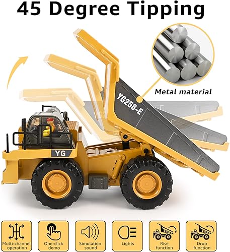 Miniatura 2 de KidsFaves Camión volquete con control remoto, 9 canales, 2 baterías, vehículos de juguete de construcción RC con luces y sonidos de metal, regalos