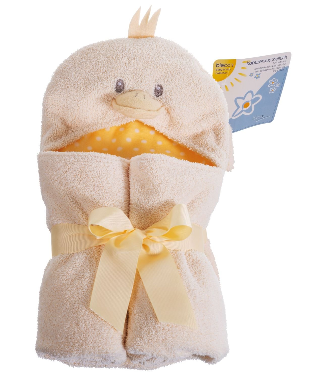 BIECO 38140135 bébé à capuchon Kuscheltuch de canard, 100 circa x 75 cm, jaune