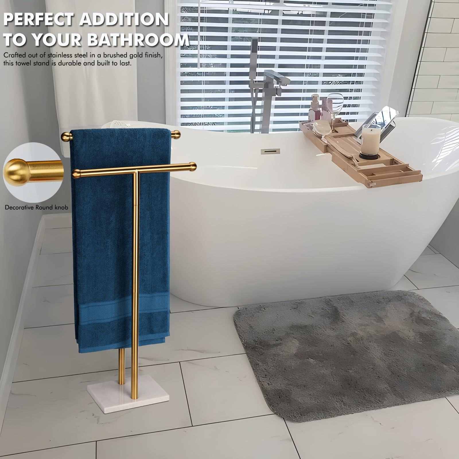 WAYDELI Porte-Serviettes sur Pied Double en Forme de T avec Base en marbre pour Salle de Bain à 2 Niveaux en Acier Inoxydable (Or brossé)