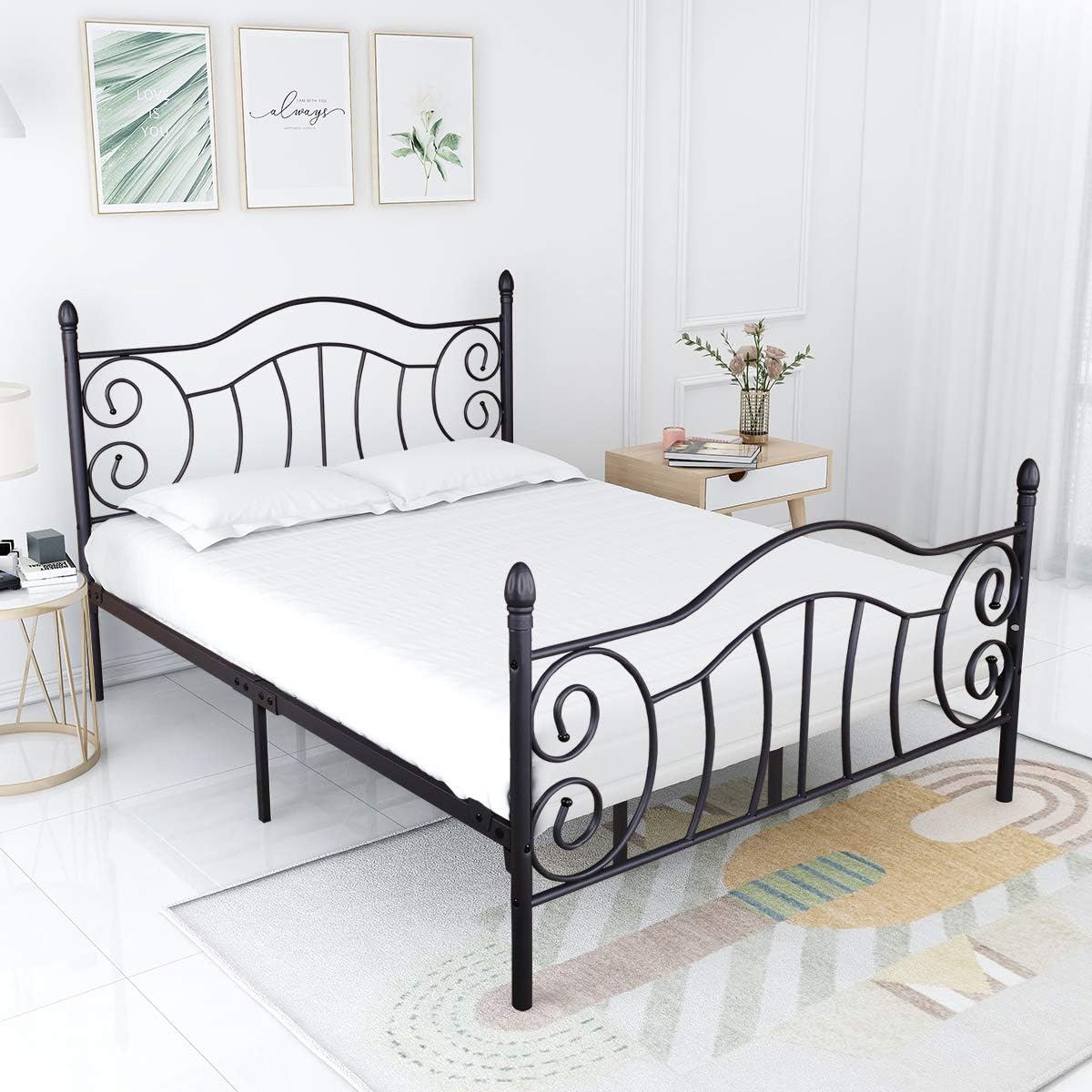 12 inch Metal Platform Bed Frame with Headboard Steel Slat Support No Box Spring Needed Queen Size Black Sand-Line