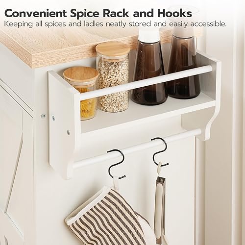 Miniatura 7 de Isla de cocina de 43.3 pulgadas con estación de carga, isla de cocina rodante con almacenamiento, carrito de isla de cocina con estante de especias