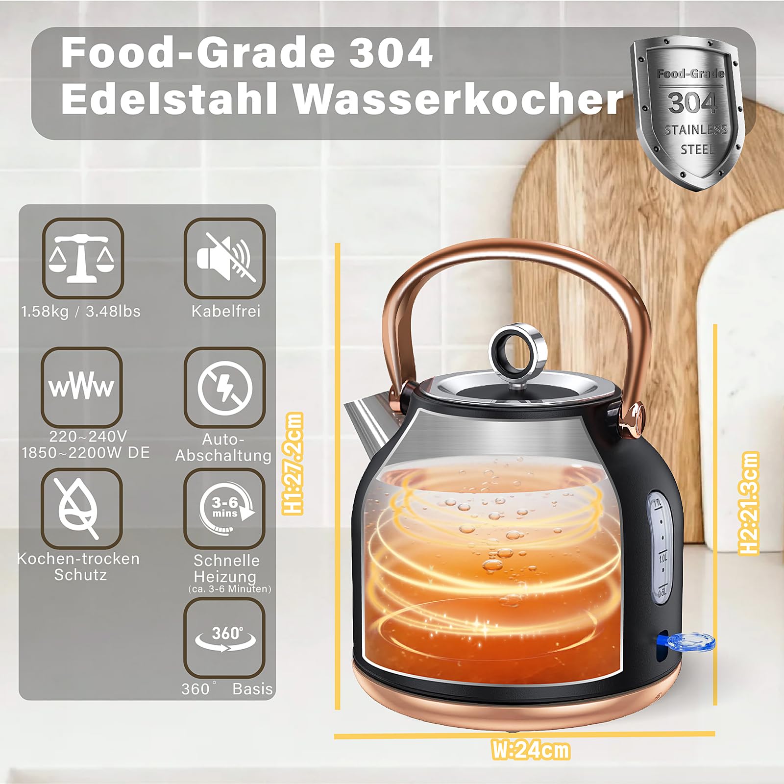 Retro-Wasserkocher, 1,7 l Edelstahl-Teekessel mit Großer Temperaturanzeige, 2200W Schnell Aufheizender Heißwasserboiler mit LED-Indikator (schwarz)