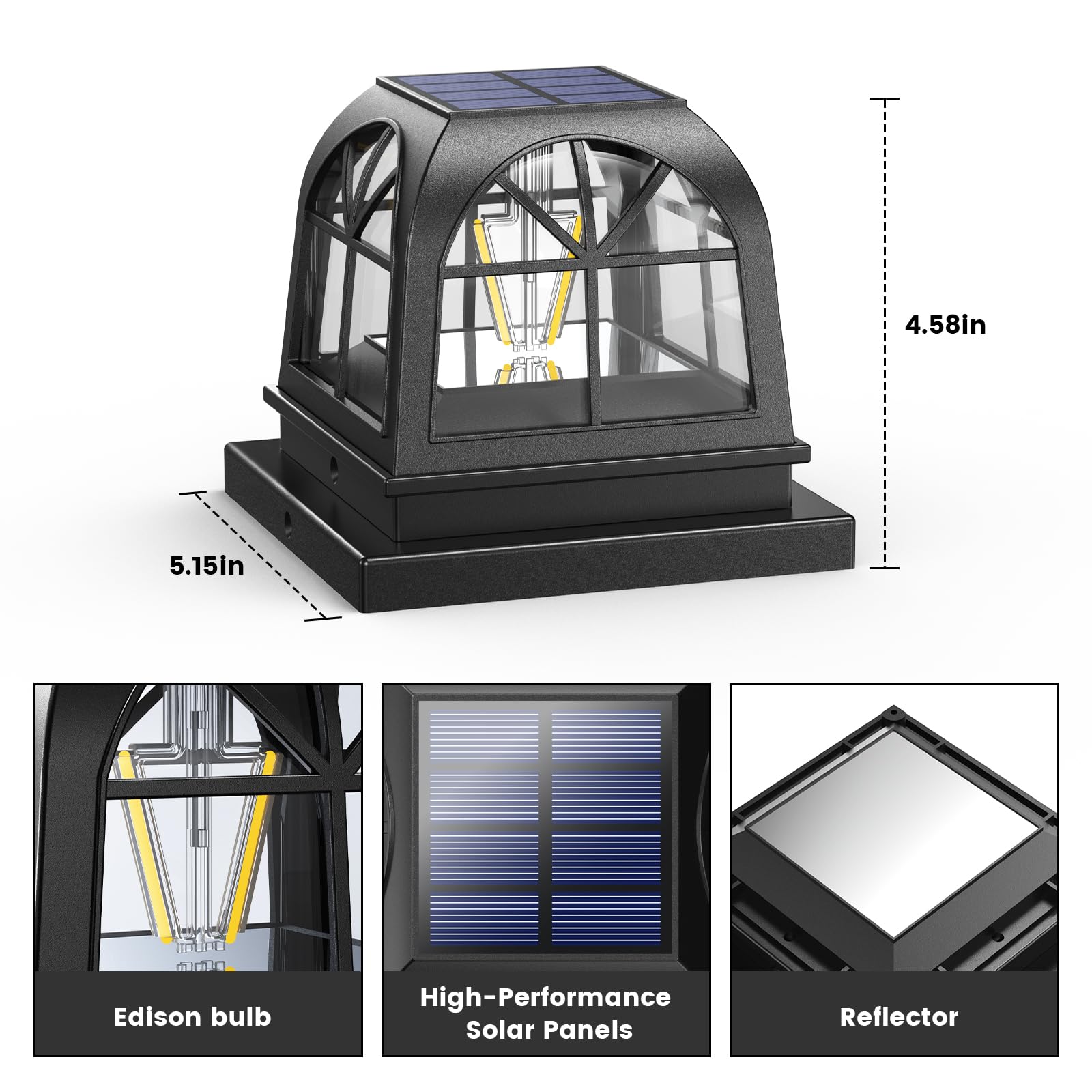 Siedinlar Solar Post Lights Solar Light Outdoor Garden Fence Lights Waterproof Landscape Fence Cap Edison LED Bulbs for 4x4 5x5 Posts Patio Black (4 Pack) - Image 3