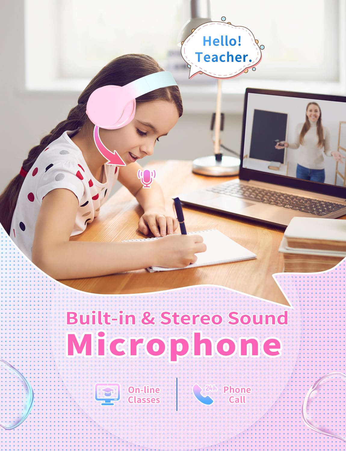 Bluetooth Kids Headphones,Wireless Kids Headphones Over Ear with Microphones,Stereo Sound ,10H Playtime,Foldable&Adjustable Children Headphones,Bluetooth 5.1 Headset for Adults School Travel (Pink) - Image 4