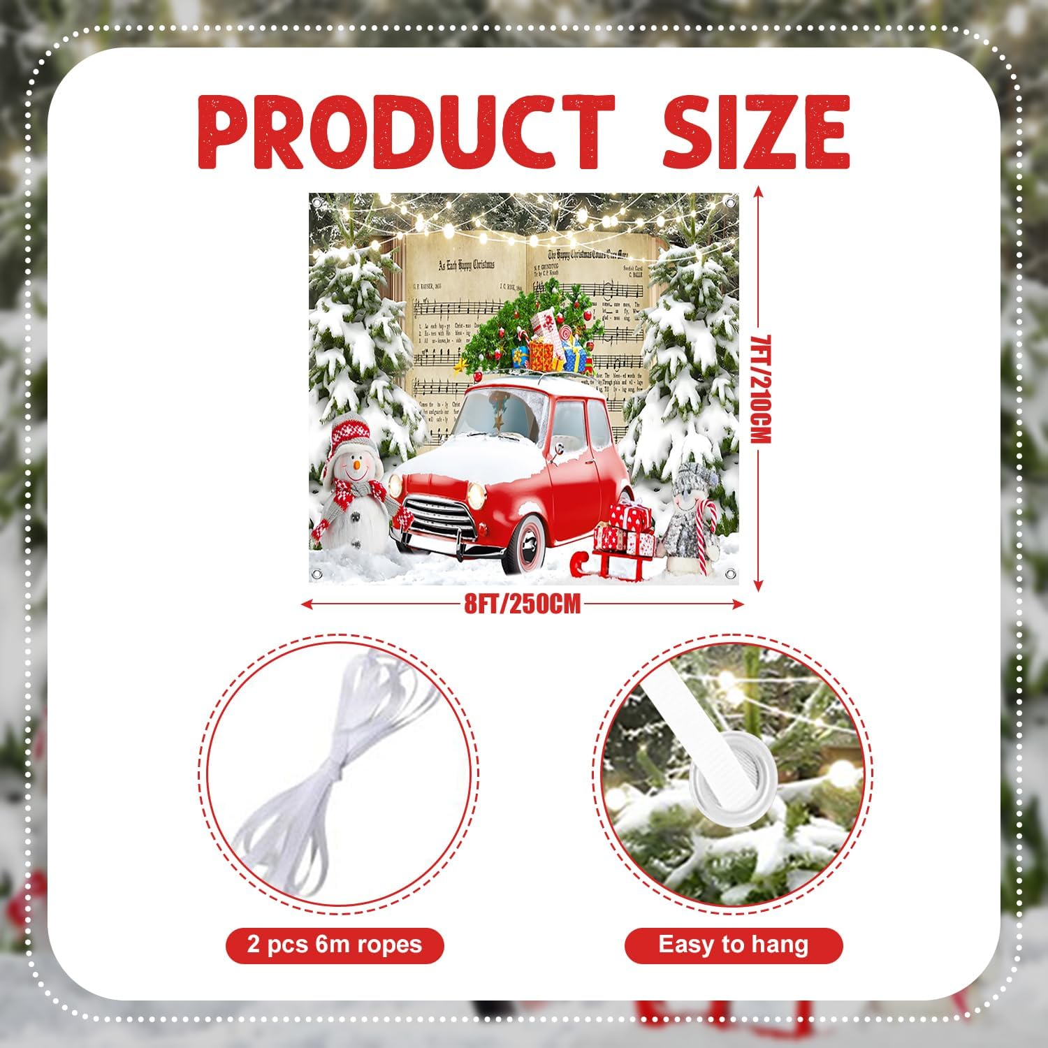 7x8ft Christmas Red Car Garage Door Decor Snow Covered Xmas Trees Winter Cute Snowman Gift Box Holiday Party Garage Door Cover for New Year Family Party Background