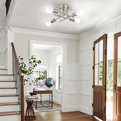 Miniatura 8 de SunRider Lámpara de techo industrial de 4 luces, semiempotrada, níquel cepillado, lámpara de techo Sputnik de granja plateada para sala de estar