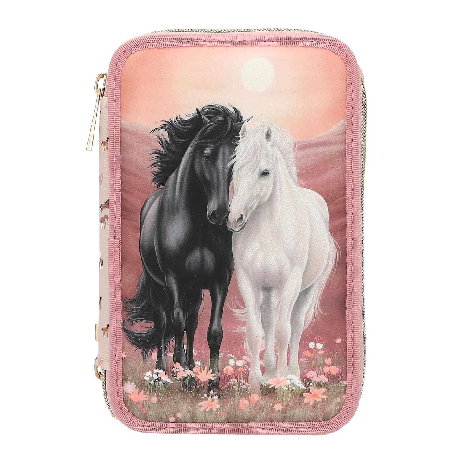 Depesche 13968 Miss Melody Blossom Pony - Filled 3-Compartment Pencil Case in Pink with Horse Motif and Horse Pattern, Pencil Case with Colouring Pencils, Scissors, Ruler and Much More