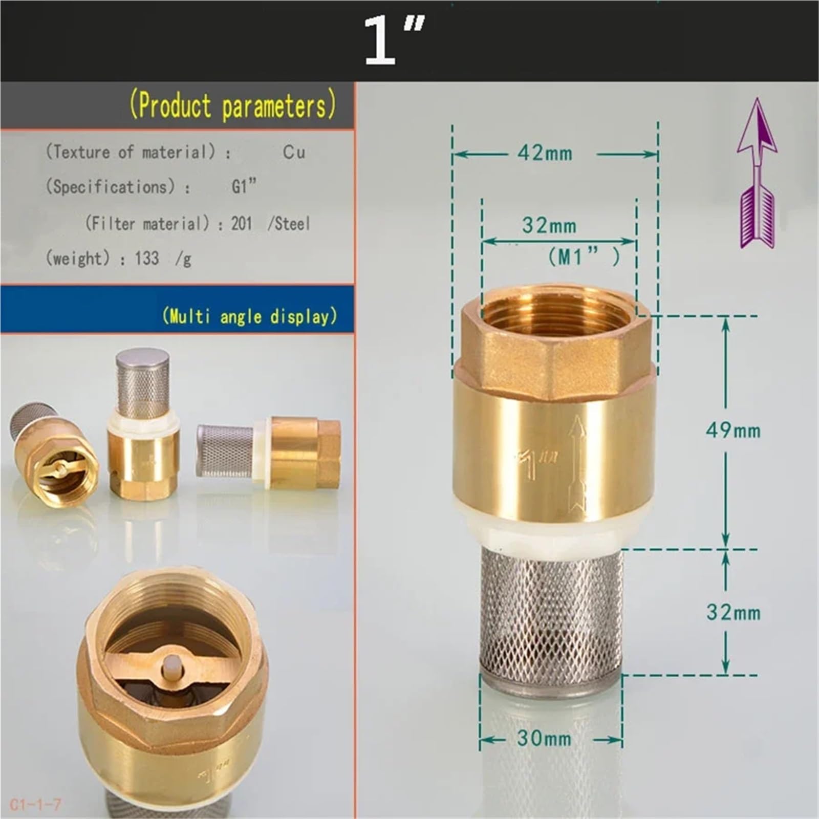 Mosiężny zawór zwrotny 1/2", 3/4", 1", 5 sztuk, z filtrem stalowym do pompy wodnej i hydrauliki (1 (stalowa siatka))