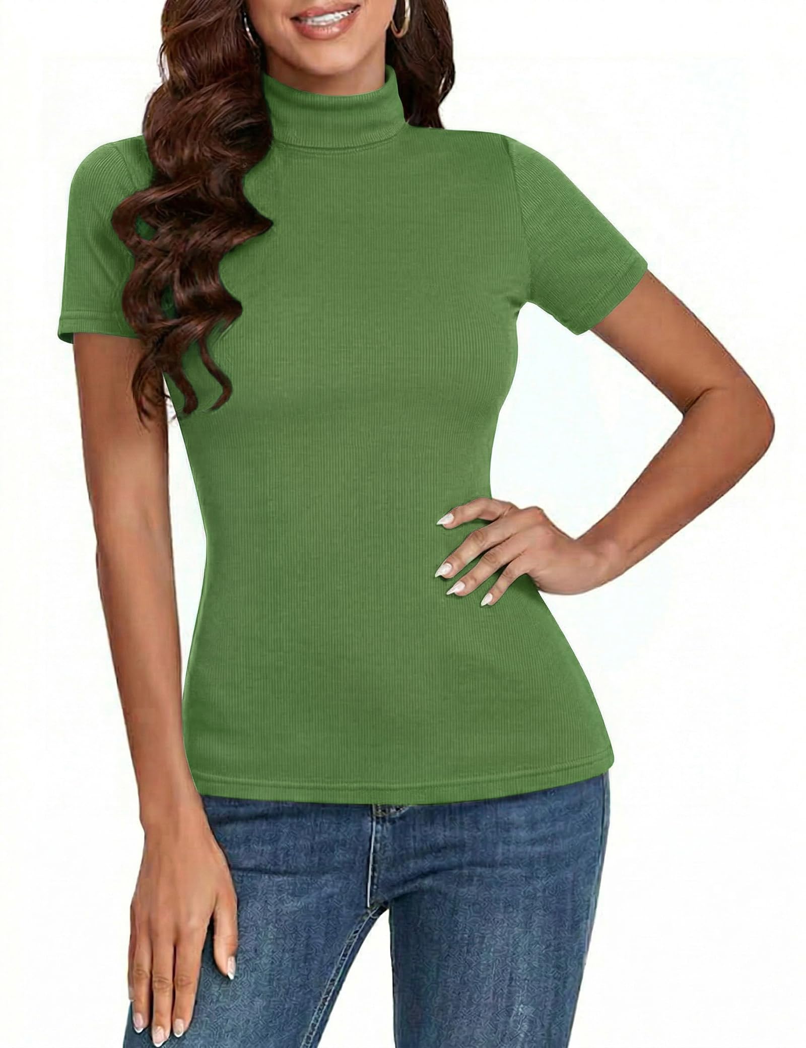 Totatuit Damen T-Shirt Kurzarm Gerippt Slim Fit Oberteile Elegant Basic Sommer Casual Stretch Tshirt mit Stehkragen Rollkragenshirt Tops S-XXL