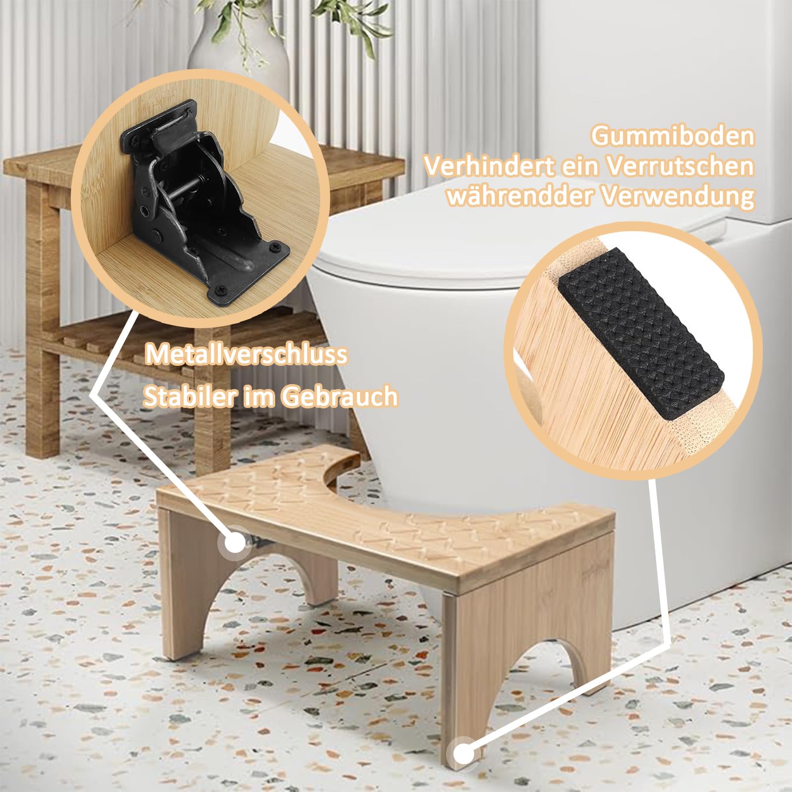 Sgabello da Toilette in Bambù, 40x21x18cm Sgabello Da Toilette in legno, Portata 100 kg, Sgabello da Toilette Pieghevole, Pedana WC a Forma di C con Cuscinetti Antiscivolo, Per Regolare la Postura