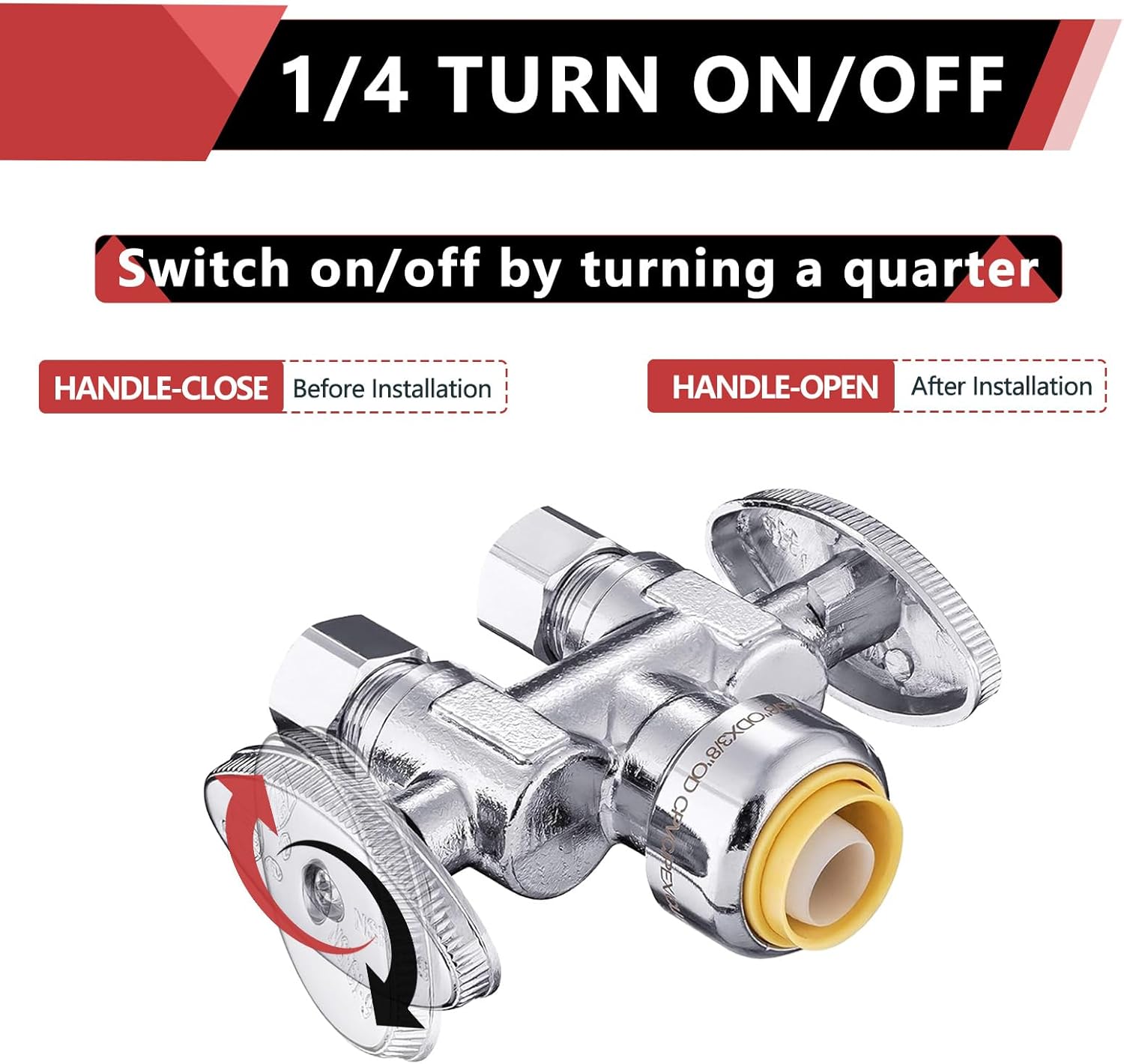 (Pack of 5) EFIELD Push Fit 1/2" x Dual 3/8" OD Compression Straight Stop Valve, 1/4 Turn with a Disconnect Clip Tool,(PF-VALVE039-5PCS)