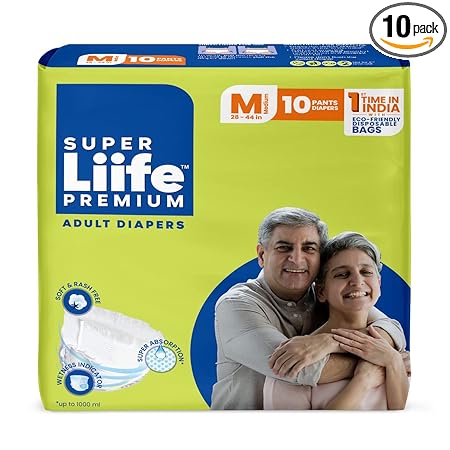 Super Liife Rash Free Premium Adult Diaper Pants for Unisex with Wetness Indicator and Eco-Friendly Disposable Bags | Medium - 10 Count (71-111 cm | 24-44 Inches)