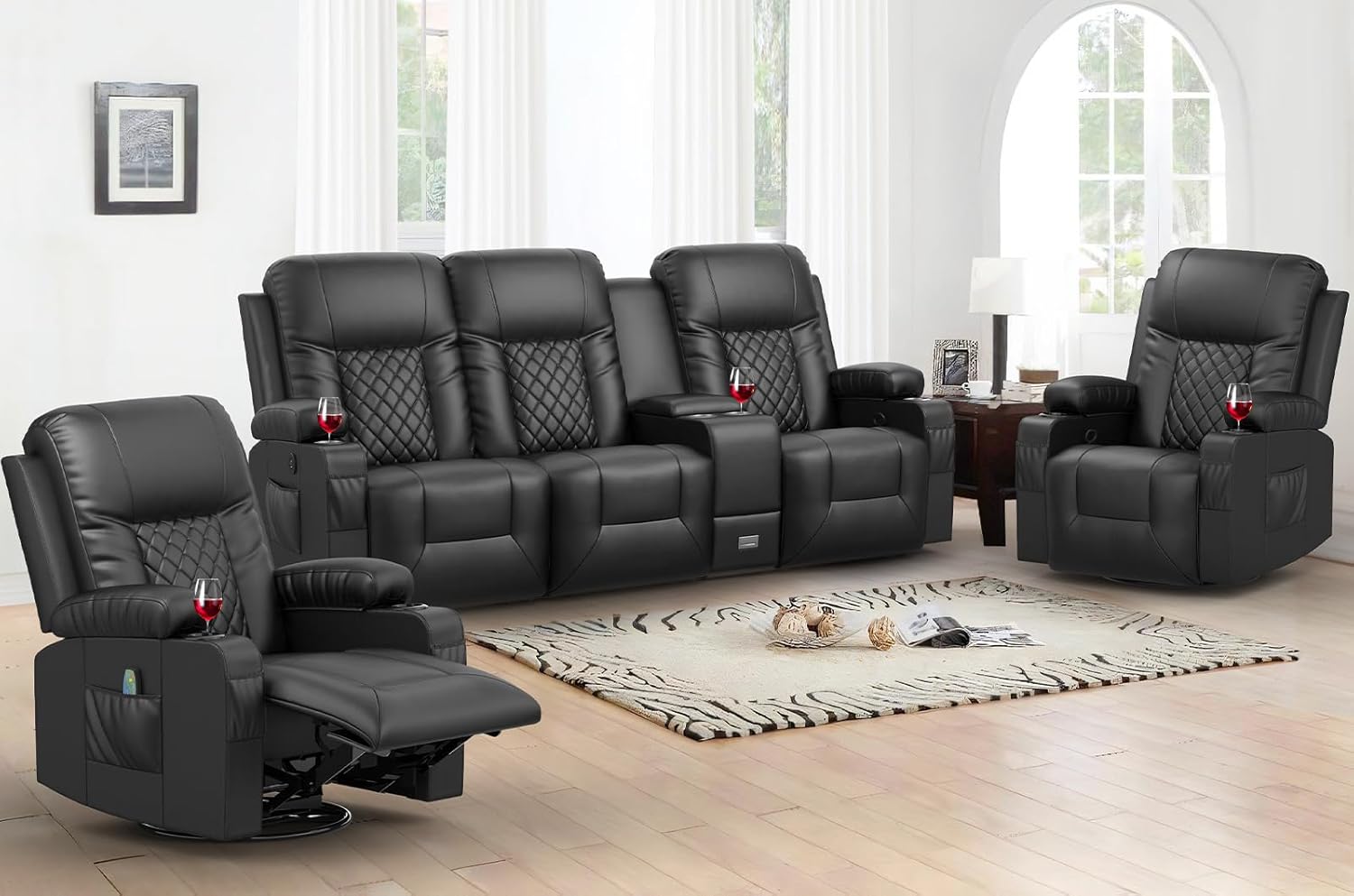 YONISEE Modern Recliner Sofa Set - 3 Seat Sofa & 2PC Swivel Recliner Chairs with Heat & Massage for Living Room (3+1+1)
