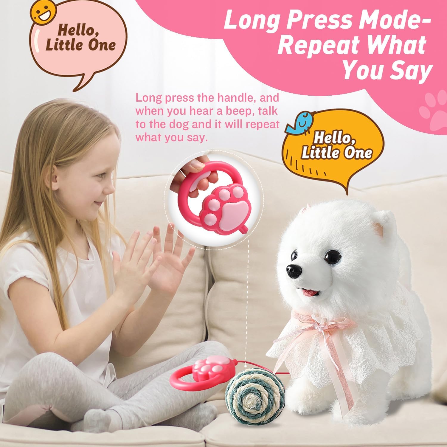 Walking Barking Singing Samoyed Puppy Toy, Repeats What You Say, Realistic Licking Tongue Wagging Tail Mechanical Dog with Touch or Voice Control, Interactive Music Dancing Plush Pet for Kids