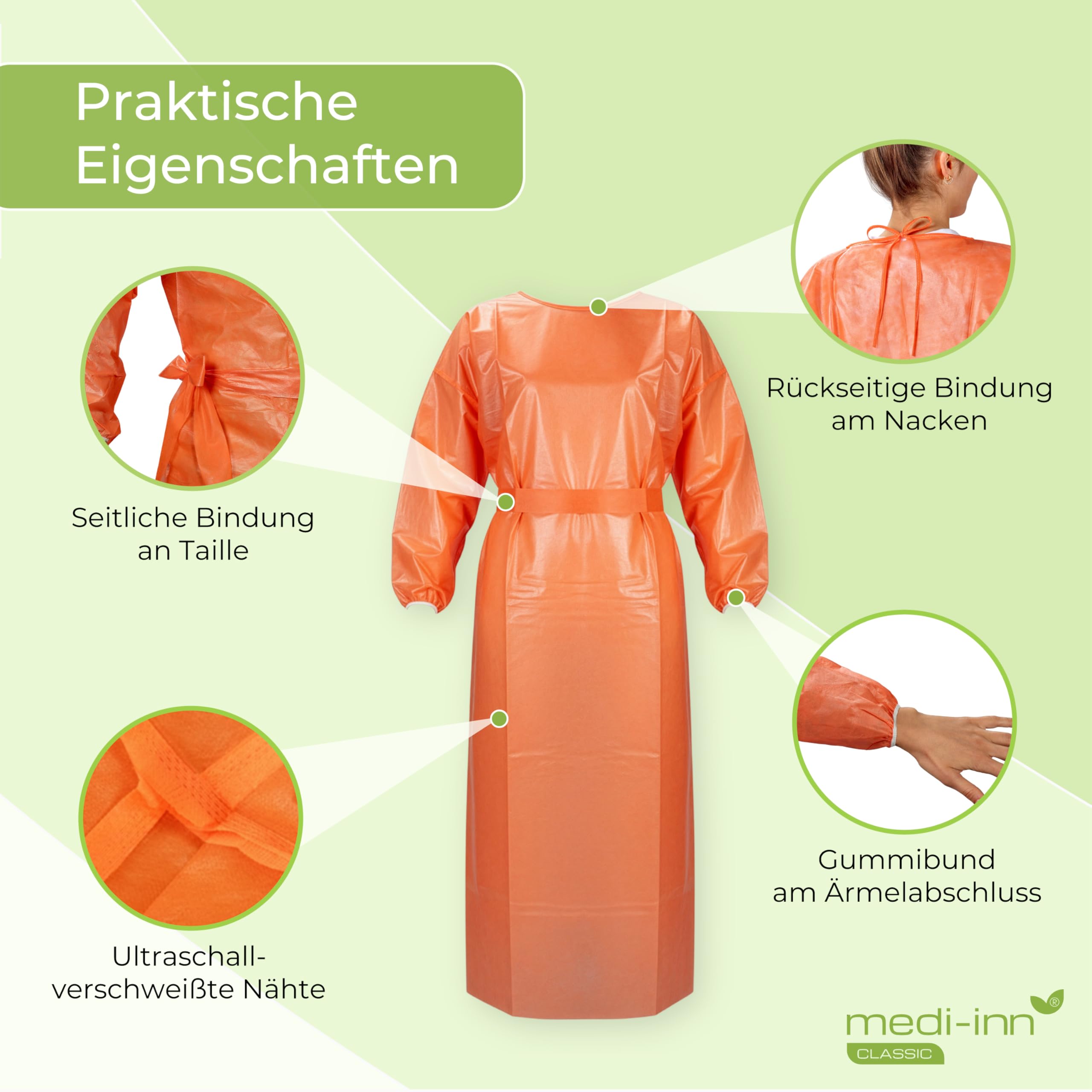 Medi-Inn Lot de 10 blouse de protection contre les infections en polypropylène Orange 139 x 139 cm