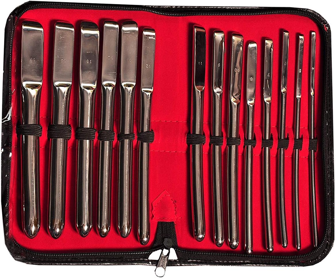Set of 14 (4mm to 17mm) Polish Non-magnet Stainless Steel Hegar Uterine Dilators Single Ended with Free Leather Pouch